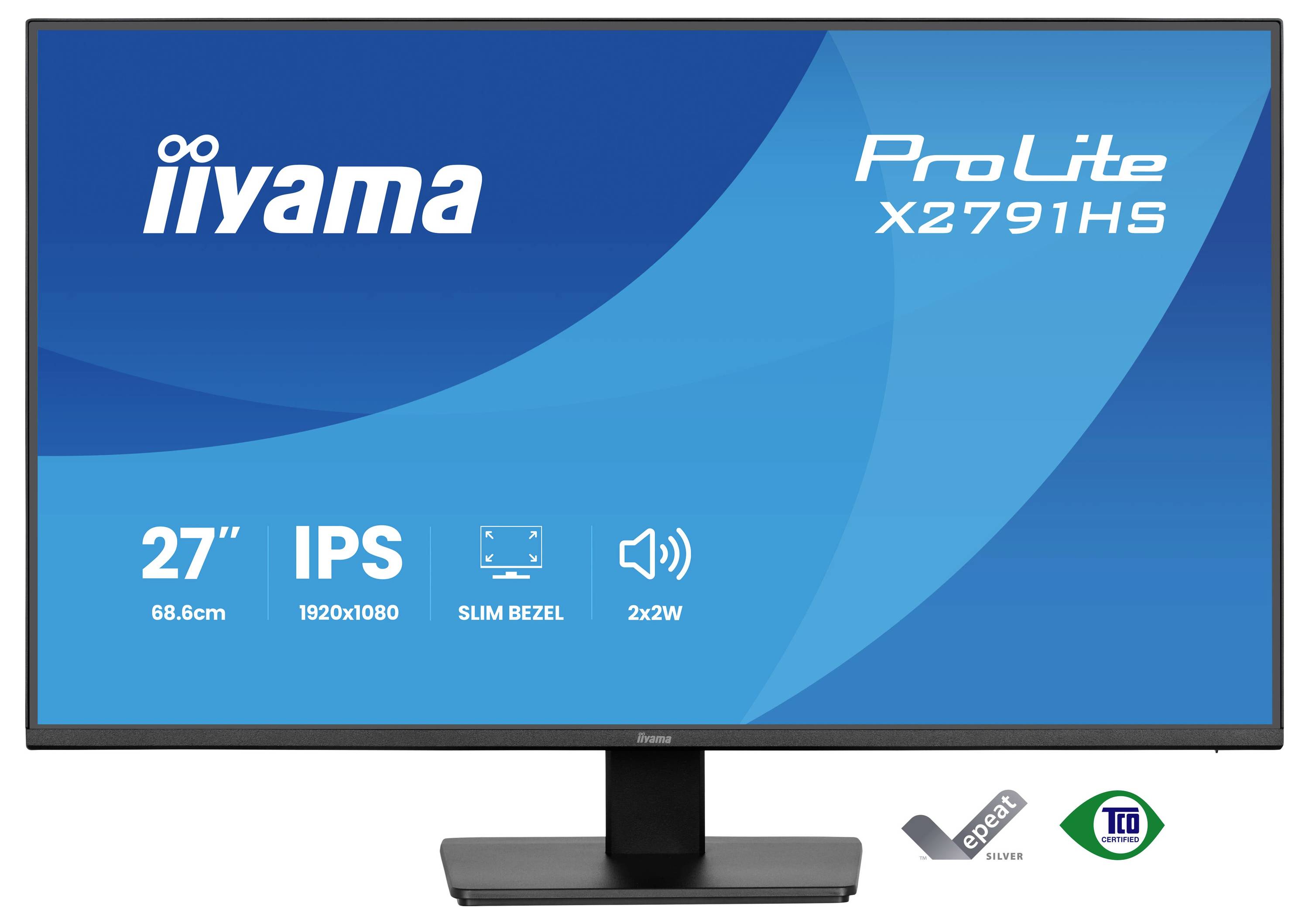 Rückansicht eines weißen iiyama-Monitors mit seinem Ständer, wobei das iiyama-Logo oben sichtbar ist.