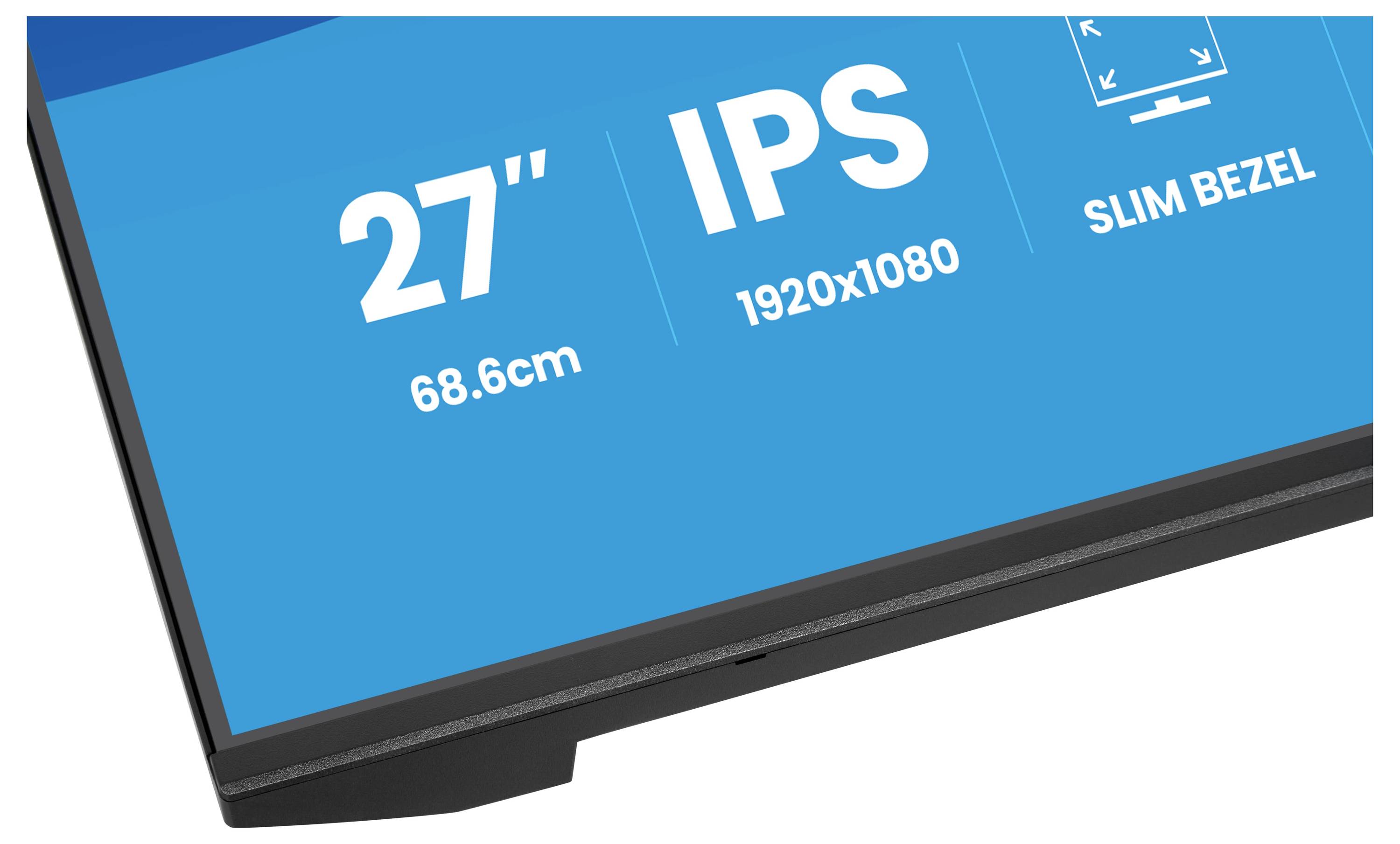 Ein Monitor mit einem 27-Zoll-IPS-Display mit einer Auflösung von 1920x1080 und schmalem Rahmendesign.