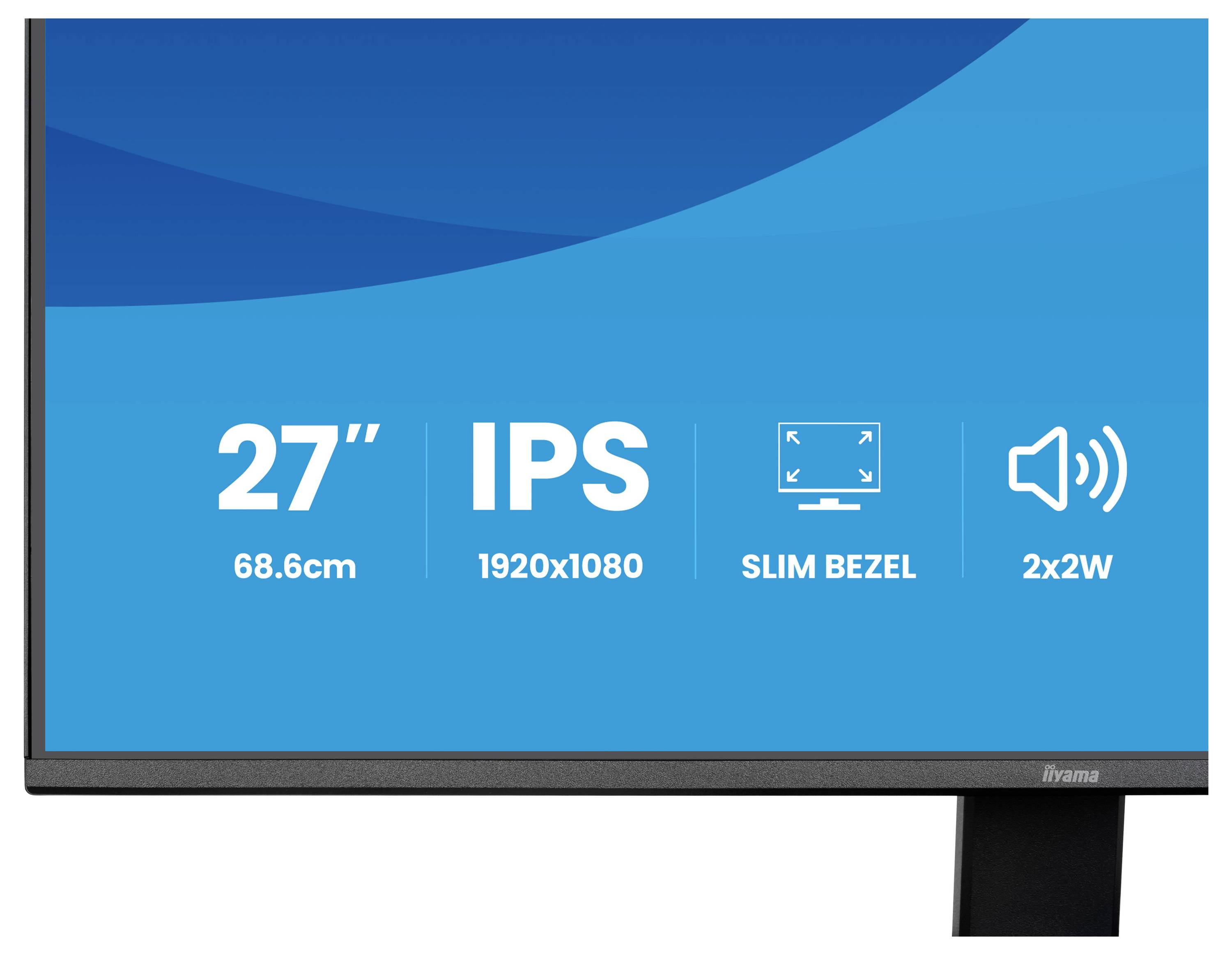 Ein Computermonitor mit Spezifikationen: 27-Zoll-Größe, IPS-Panel, 1920x1080-Auflösung, schmaler Rahmen, 2x2W-Lautsprecher.