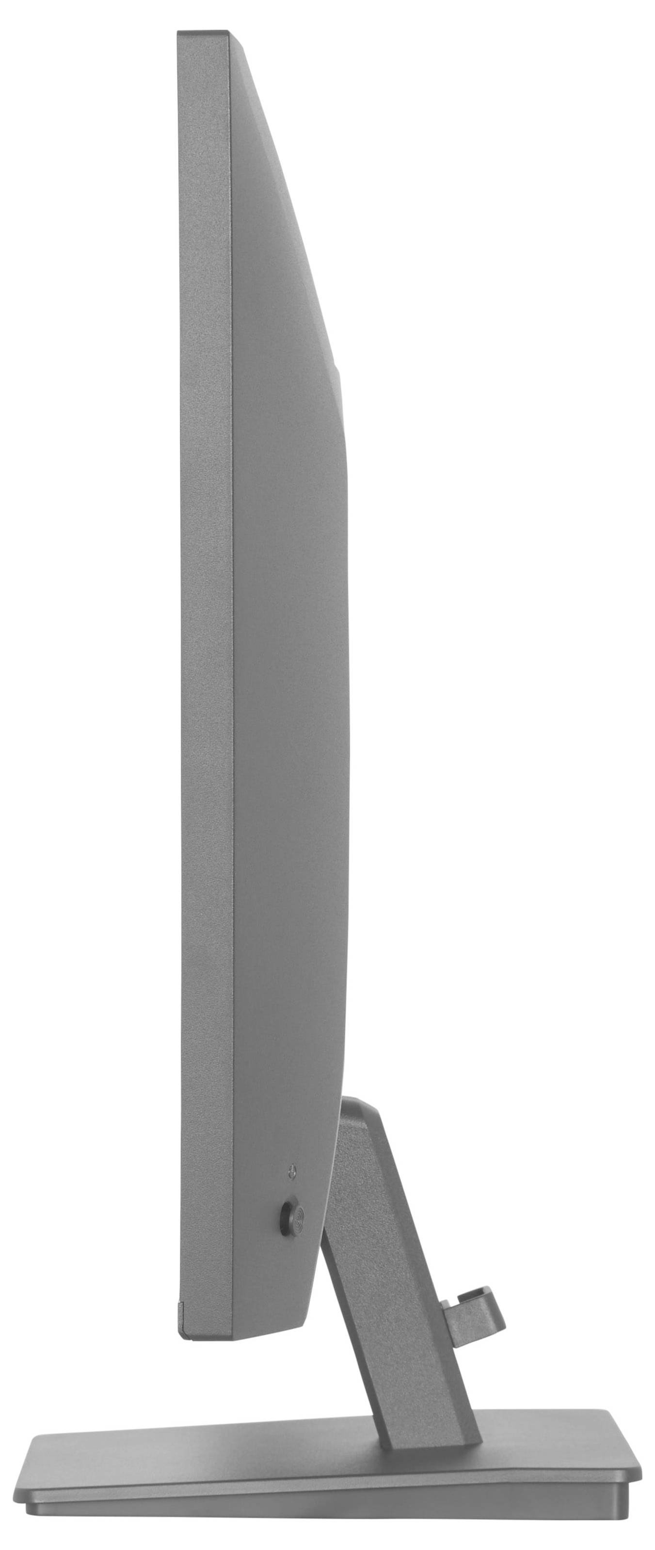 Eine Seitenansicht eines dünnen, modernen Computermonitors auf einem quadratischen Ständer, der sein schlankes Profil hervorhebt.