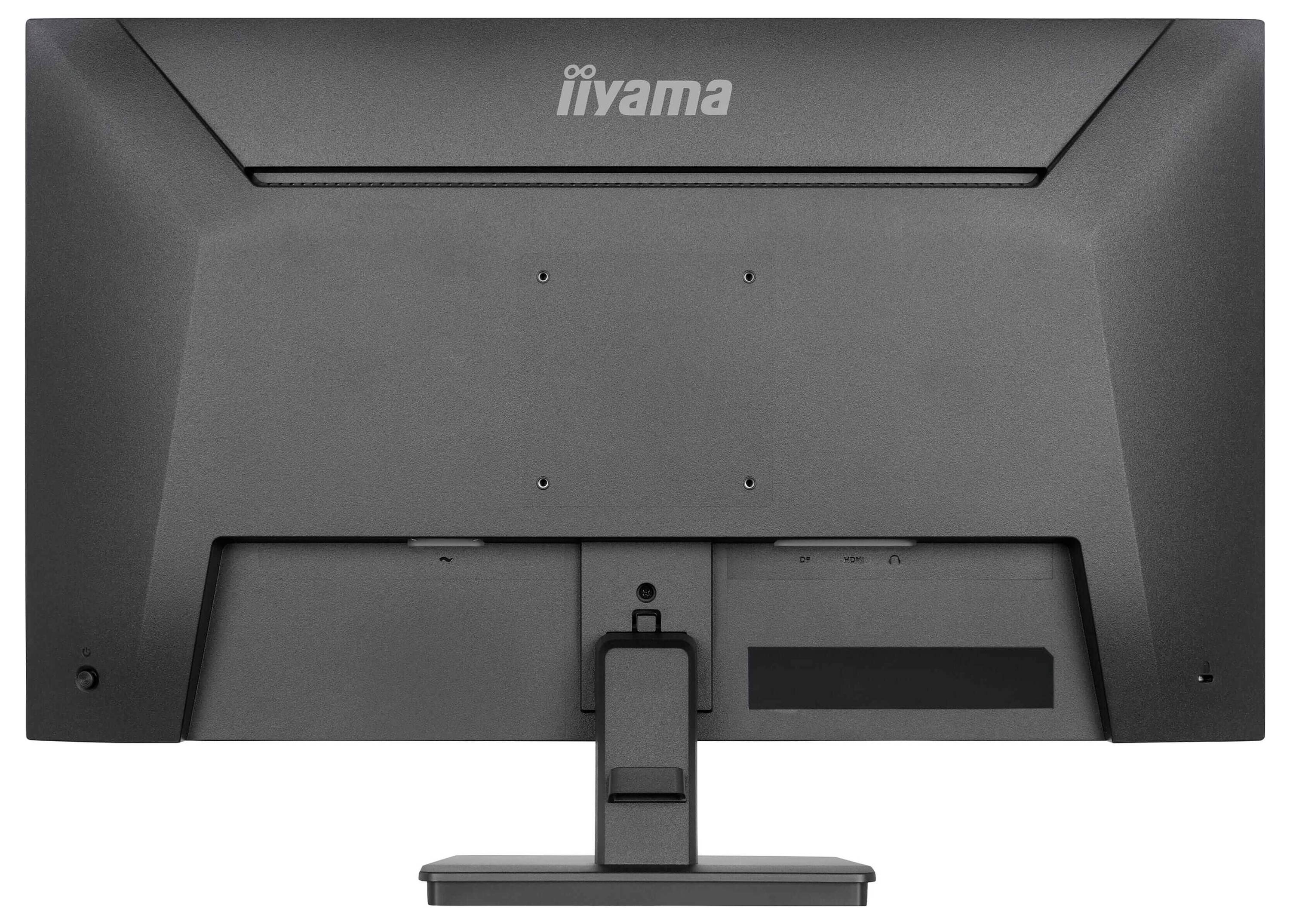 Rückansicht eines schwarzen Computermonitors mit verstellbarem Standfuß und VESA-Montagelöchern für die Wandmontage. Der Markenname ist oben sichtbar.