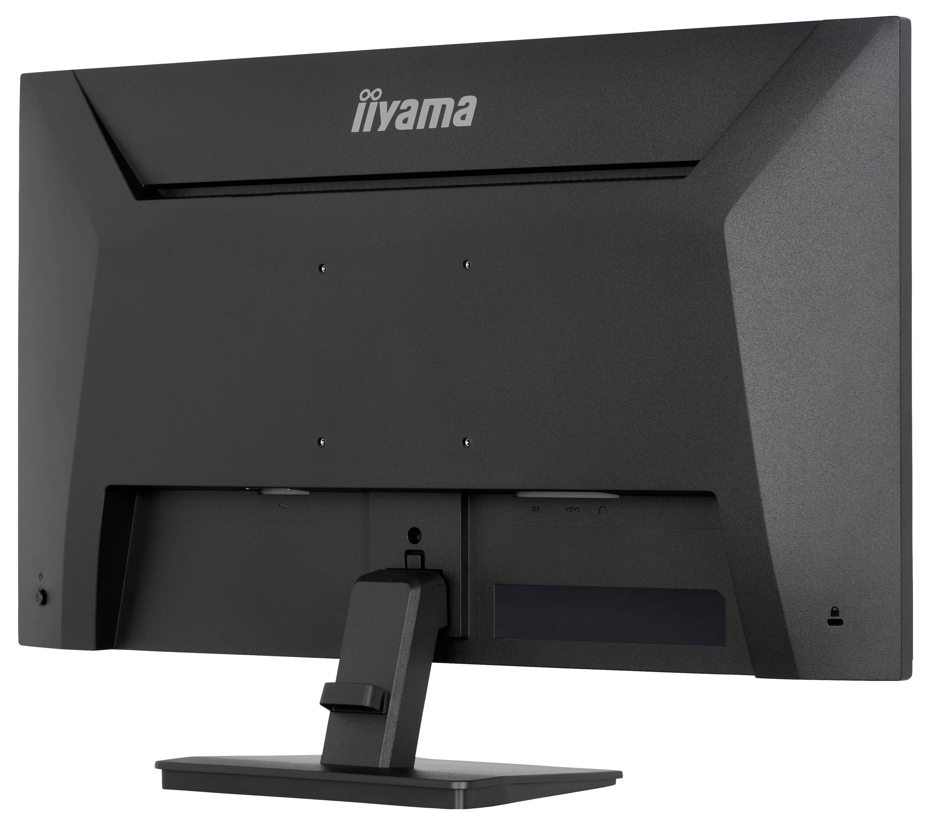 Das Bild zeigt die Rückansicht eines schwarzen iiyama-Computermonitors mit einem angebrachten rechteckigen Ständer.