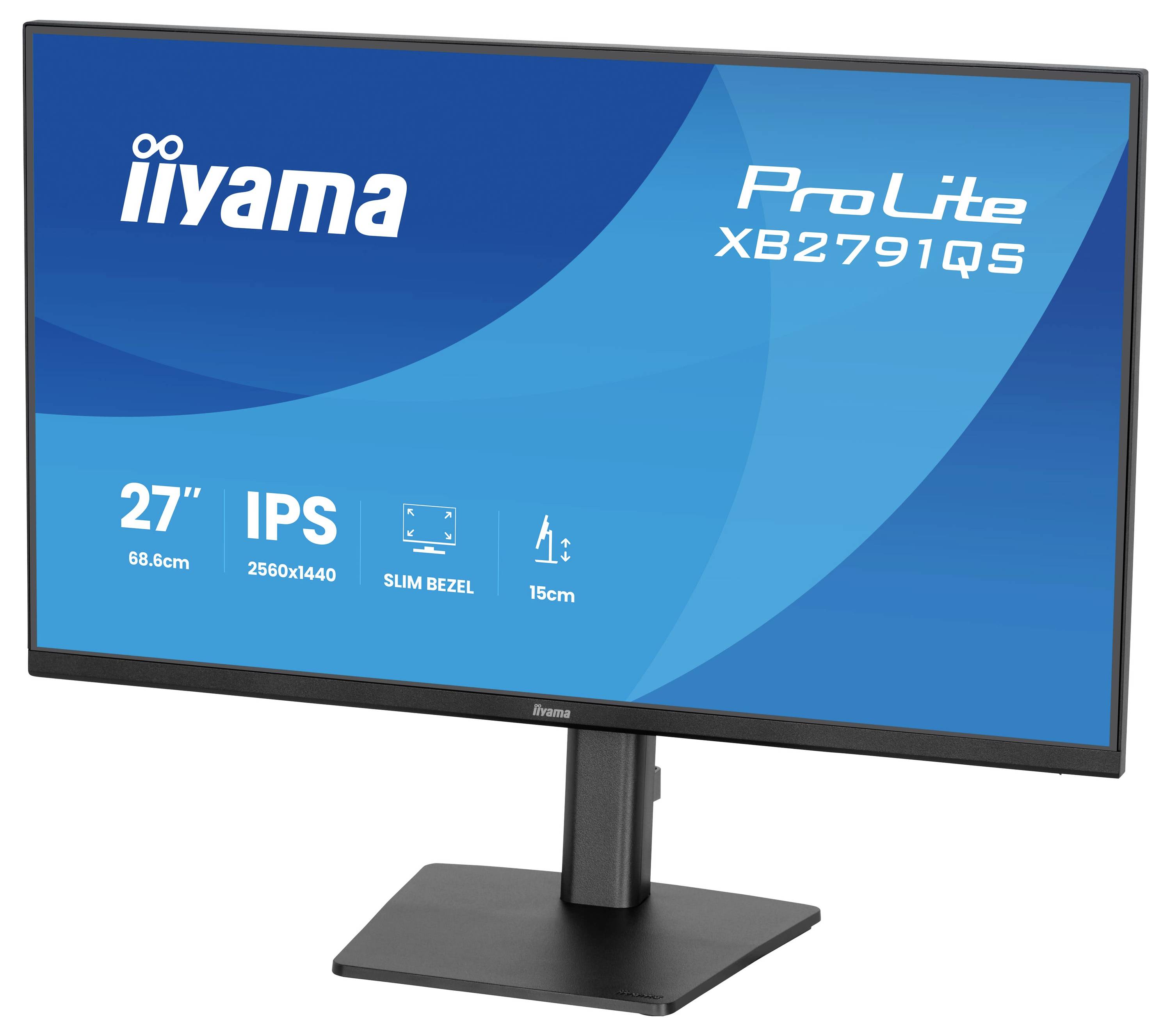 Iiyama ProLite XB2791QS Monitor, 27 Zoll, 2560x1440 Auflösung, IPS, schmaler Rahmen, 15cm Höhenverstellung; blau gestaltete Bildschirmanzeige.
