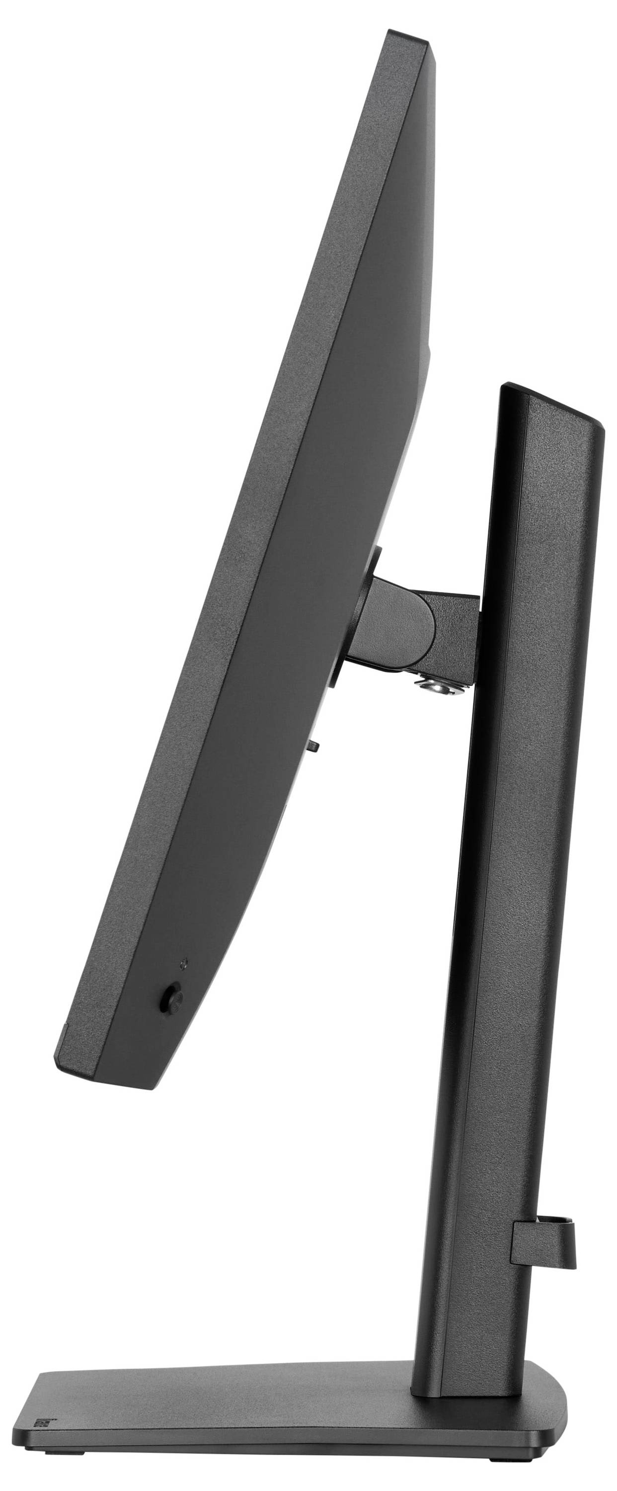 Seitenansicht eines dünnen, schwarzen Computermonitors mit Ständer. Anzeigewinkel leicht geneigt, wobei das schlanke, moderne Design betont wird.