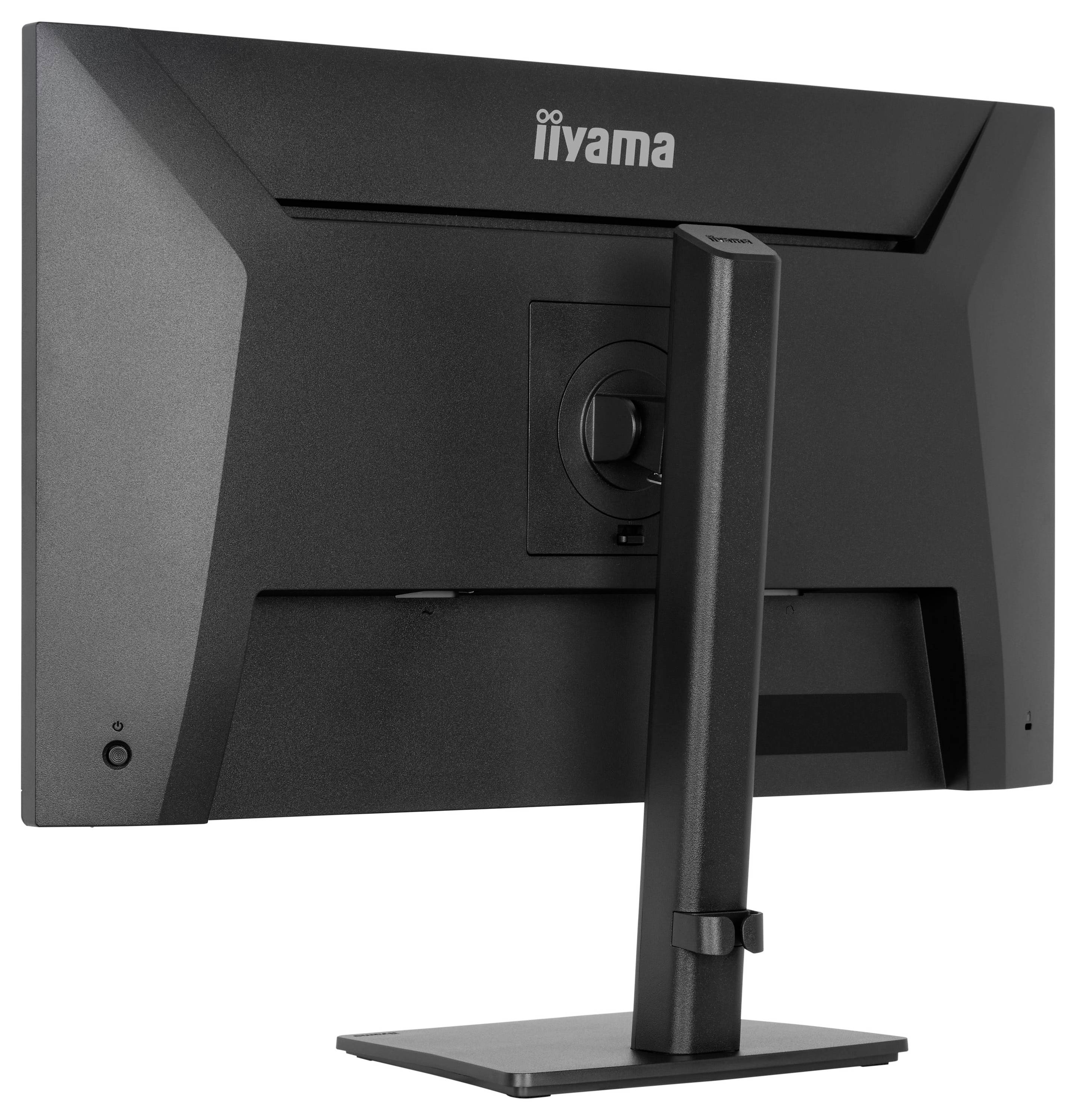 Ein schwarzer Computermonitor von hinten betrachtet, mit dem Markenlogo „iiyama