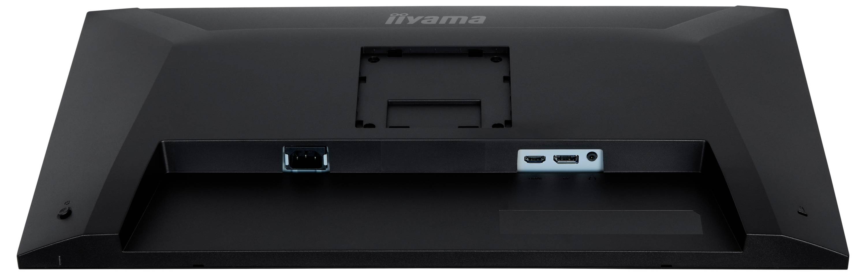 Rückansicht eines schwarzen Computerbildschirms mit Anschlüssen für die Konnektivität, einschließlich HDMI und DisplayPort, mit Betonung der Verbindungsoptionen.