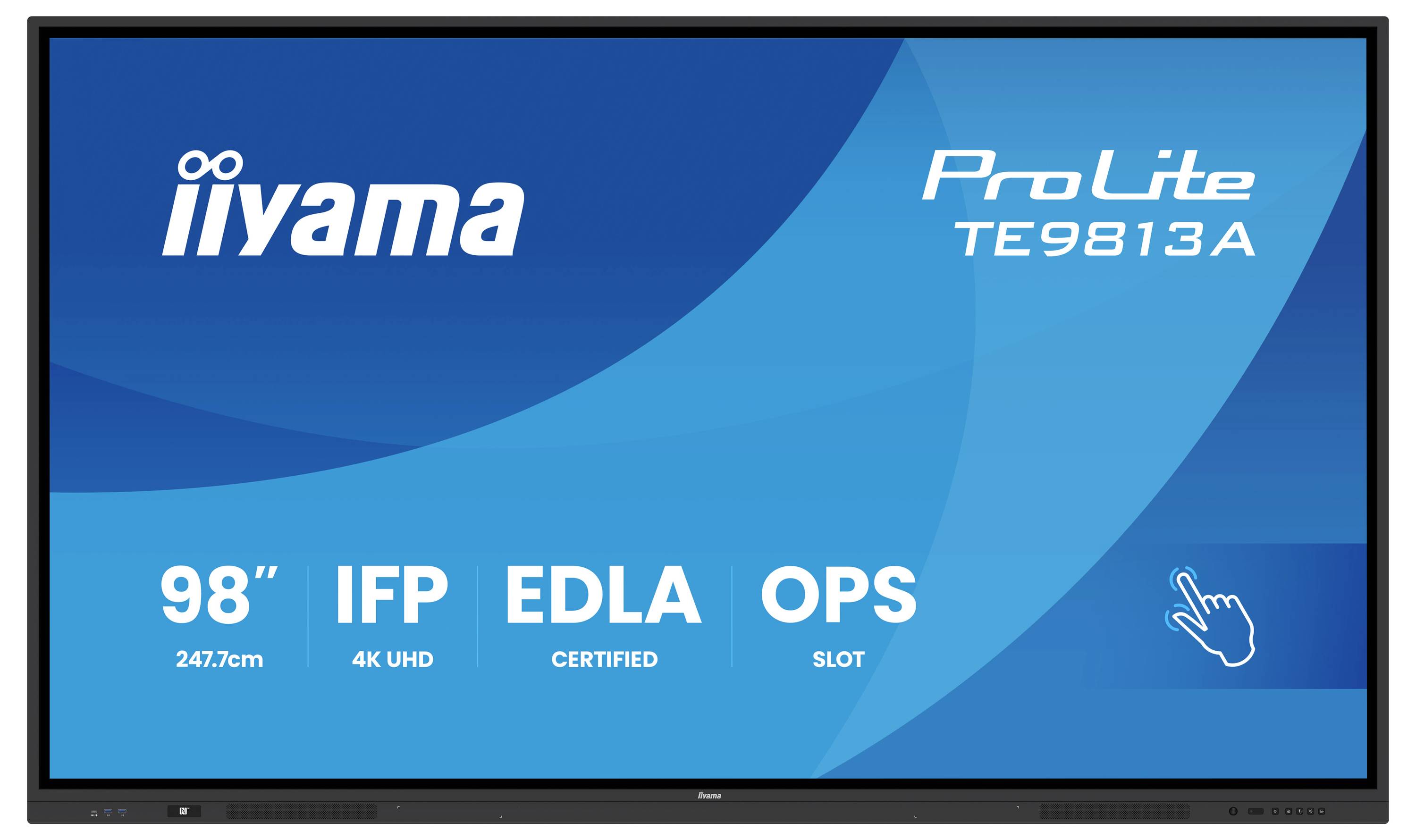 'iiyama ProLite TE9813A' Display mit einem 98-Zoll 4K-UHD-Bildschirm, IFP, EDLA-zertifiziert, OPS-Slot; mit einer Touch-Schnittstelle.