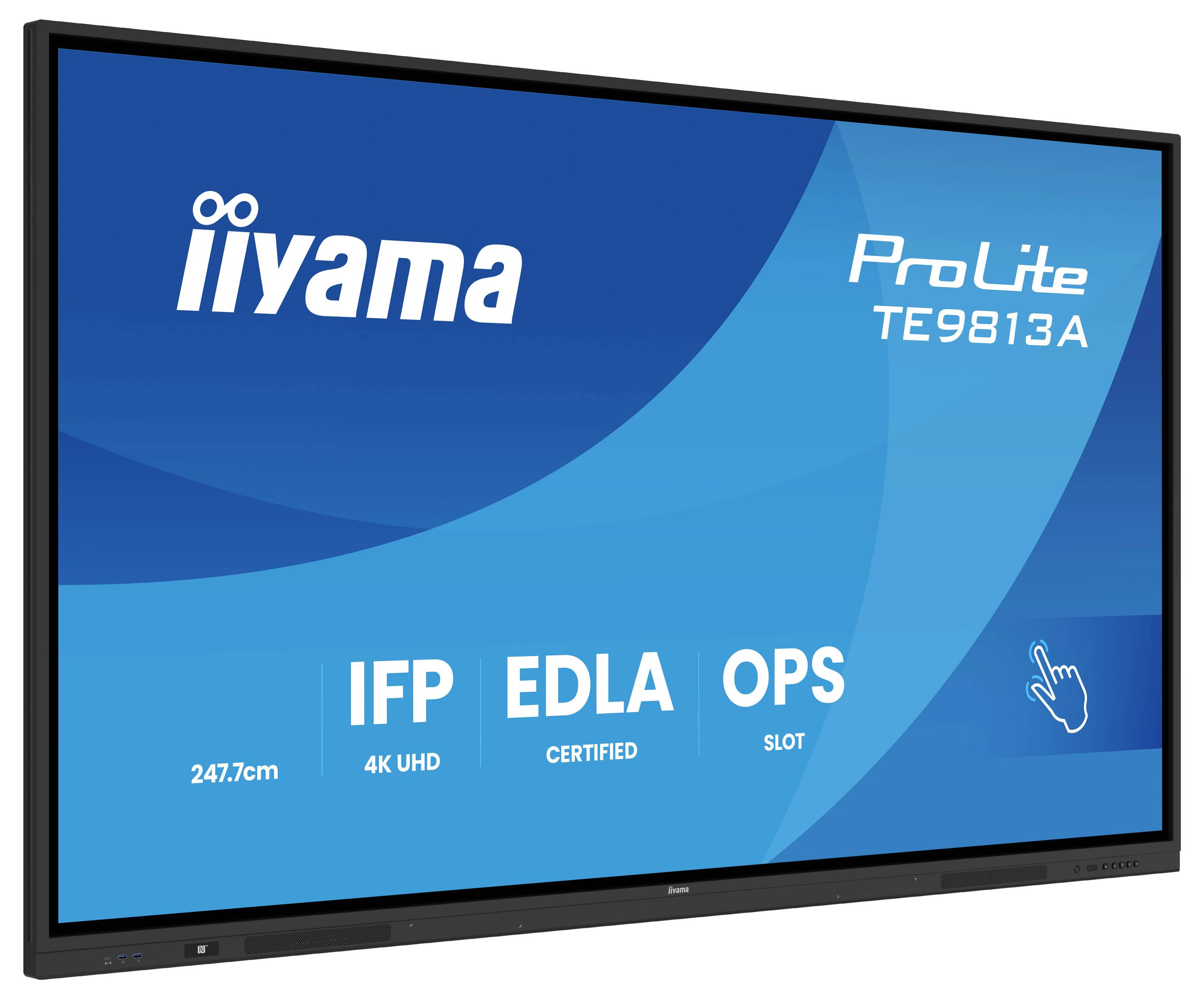 'ProLite TE9813A' Display, 98-Zoll 4K UHD von Iiyama, mit IFP, EDLA-Zertifizierung, OPS-Steckplatz und Touch-Schnittstelle.