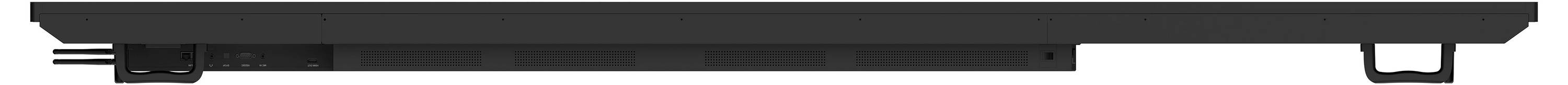 Schwarze Tastatur von der Seite betrachtet, mit flachem Design und leichter Neigung, gestützt durch verstellbare Beine. Kabel erstrecken sich von der Rückseite.