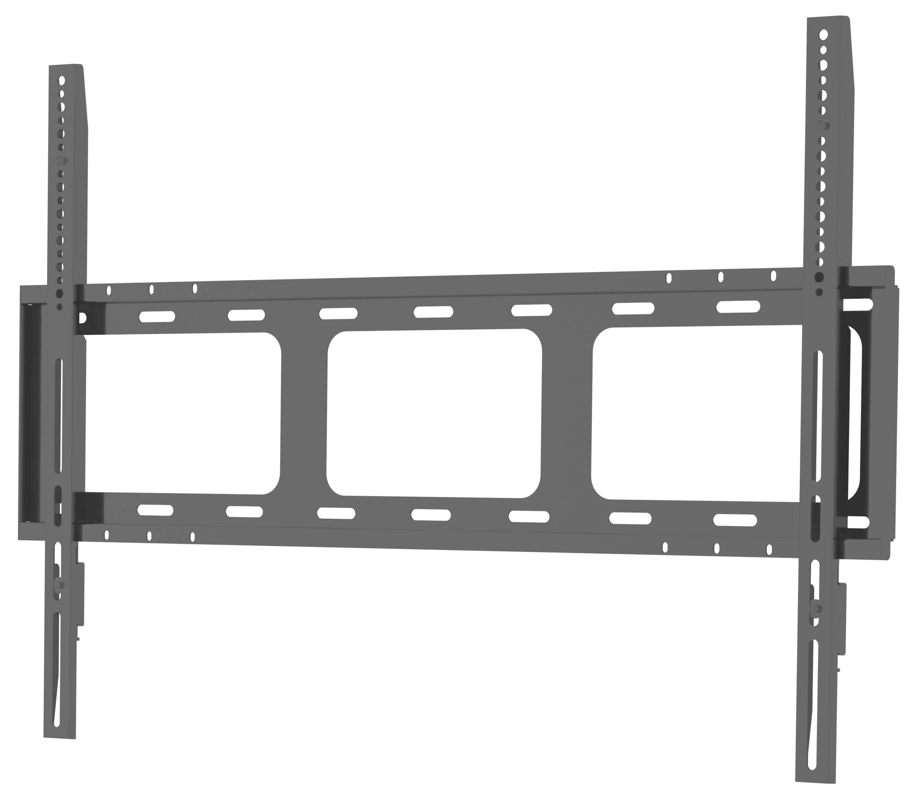 Eine schwarze Flachbildfernseh-Wandhalterung mit verstellbaren Armen, entwickelt zur Befestigung großer Fernseher an der Wand, dargestellt vor weißem Hintergrund.