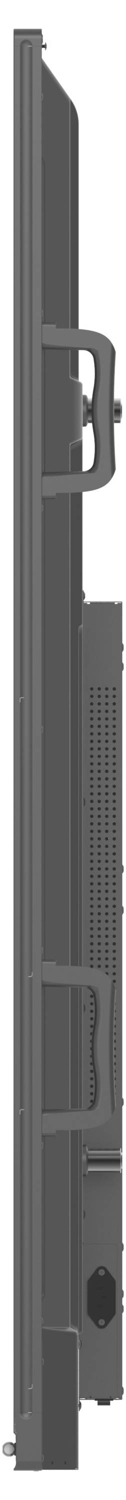 Seitenansicht eines schlanken elektronischen Geräts, das Lüftungsschlitze und Bedienfelder in vertikaler Ausrichtung zeigt.