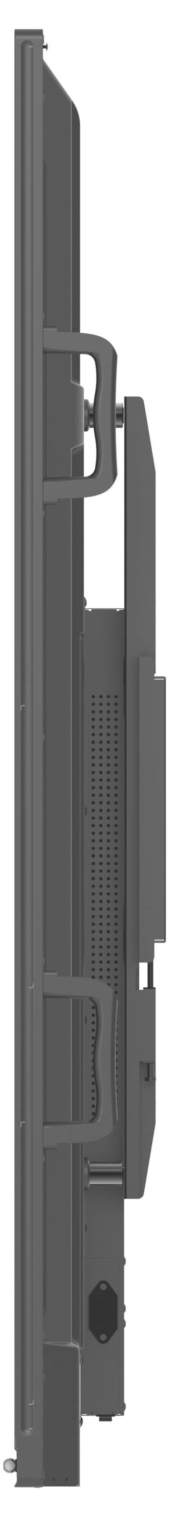 Seitenansicht eines schwarzen Teleprompters mit Griff, die seine Dicke und sein Design zeigt.