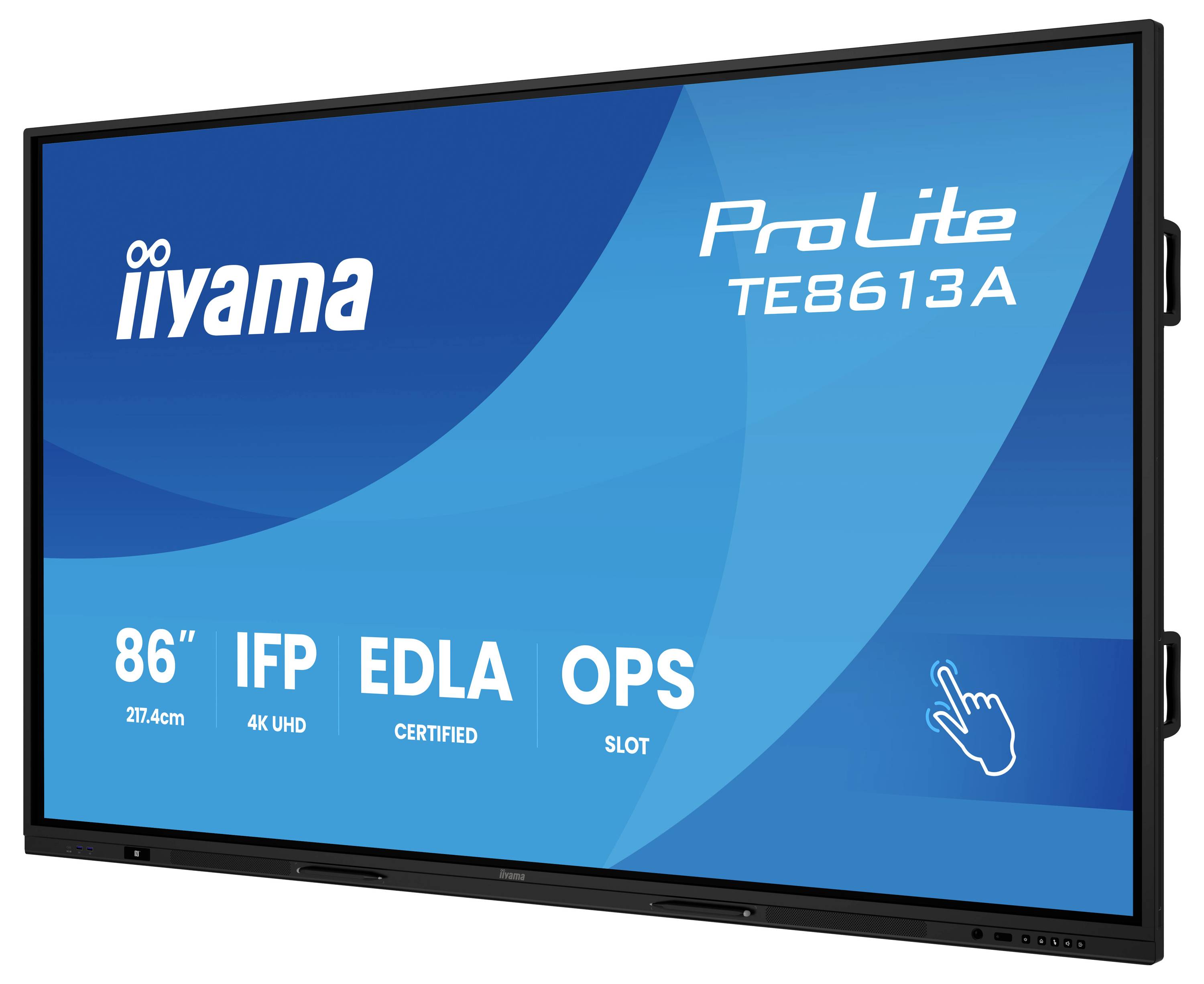 'iiyama ProLite TE8613A' interaktives Flachbilddisplay mit 86-Zoll-4K-UHD-Bildschirm, ELD-zertifiziert, mit OPS-Slot.