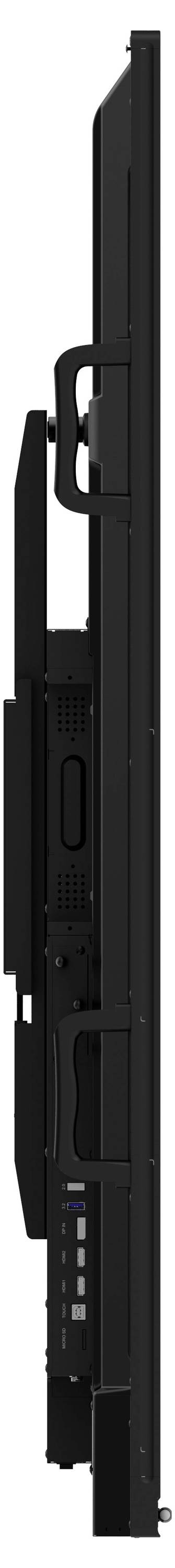 Seitenansicht eines schwarzen vertikalen elektronischen Geräts mit Griff und Anschlüssen, das sein dünnes Profil und sein elegantes Design zeigt.