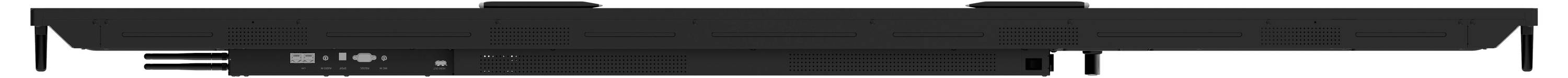 Schwarze Soundbar mit sichtbaren Tasten und Anschlüssen auf der Rückseite, entwickelt zur Verbesserung der TV-Audioqualität, von hinten betrachtet.