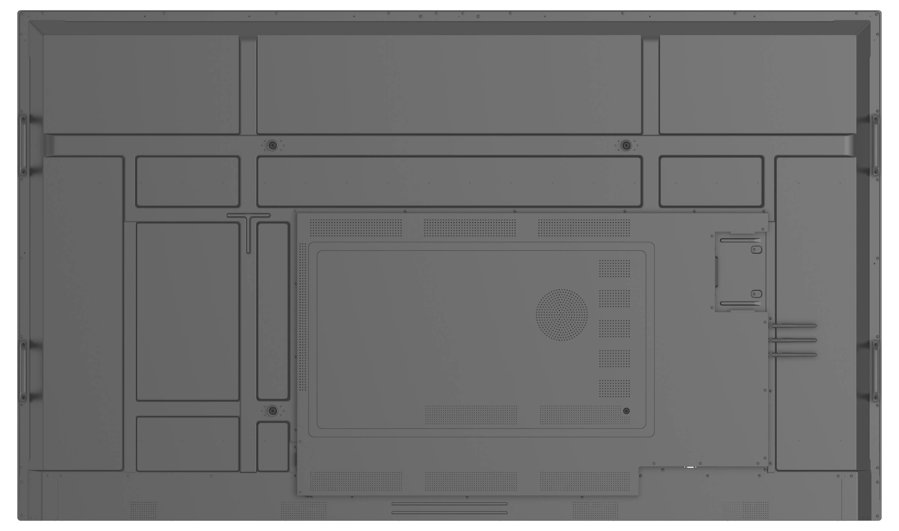 Das Bild zeigt die Rückansicht eines großen, wandmontierten elektronischen Anzeigefelds mit einer Halterung mit mehreren Befestigungslöchern.