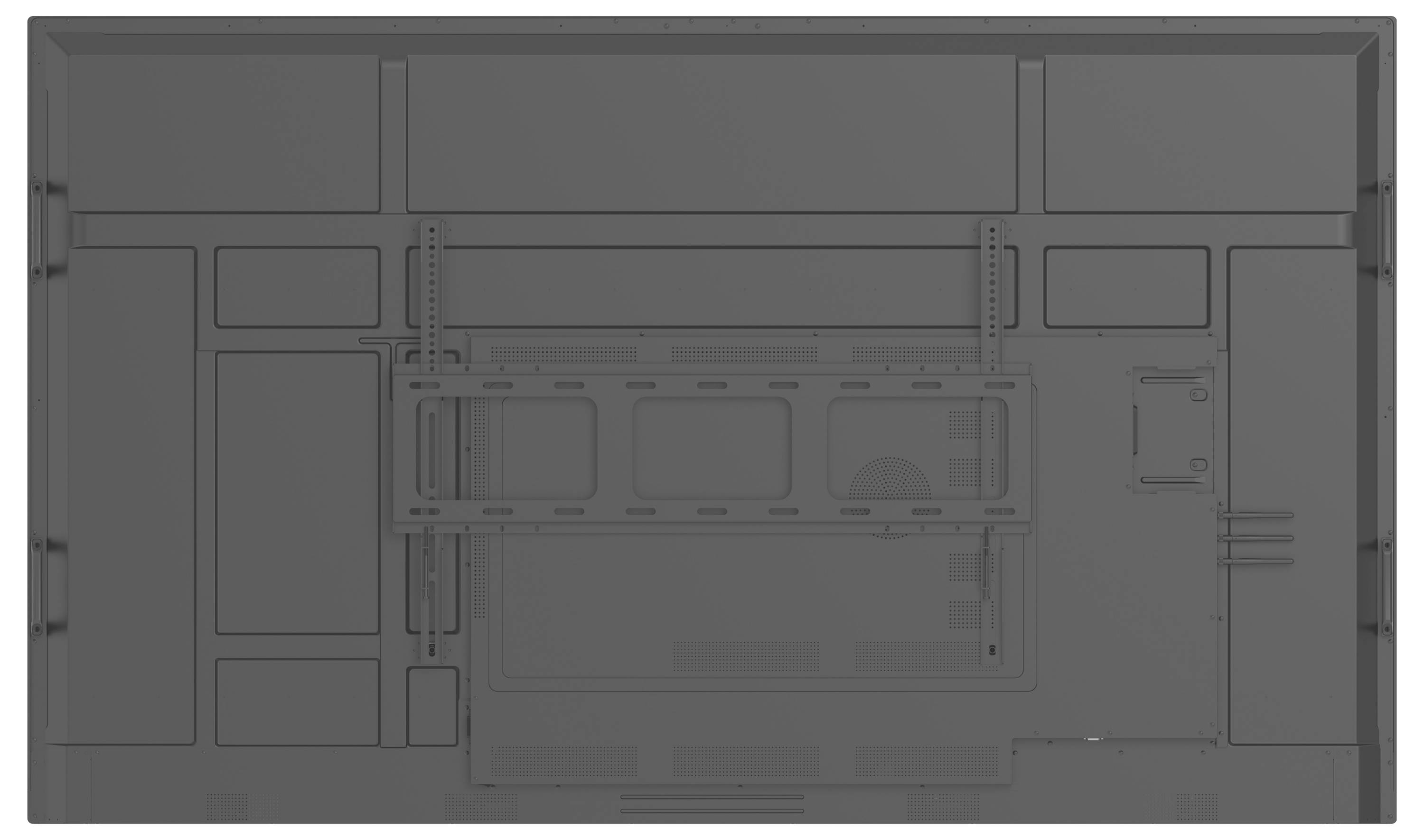 Rückansicht eines rechteckigen Objekts mit verschiedenen Fächern und Montageklammern, möglicherweise die Rückseite eines elektronischen Geräts oder eines Bildschirms.