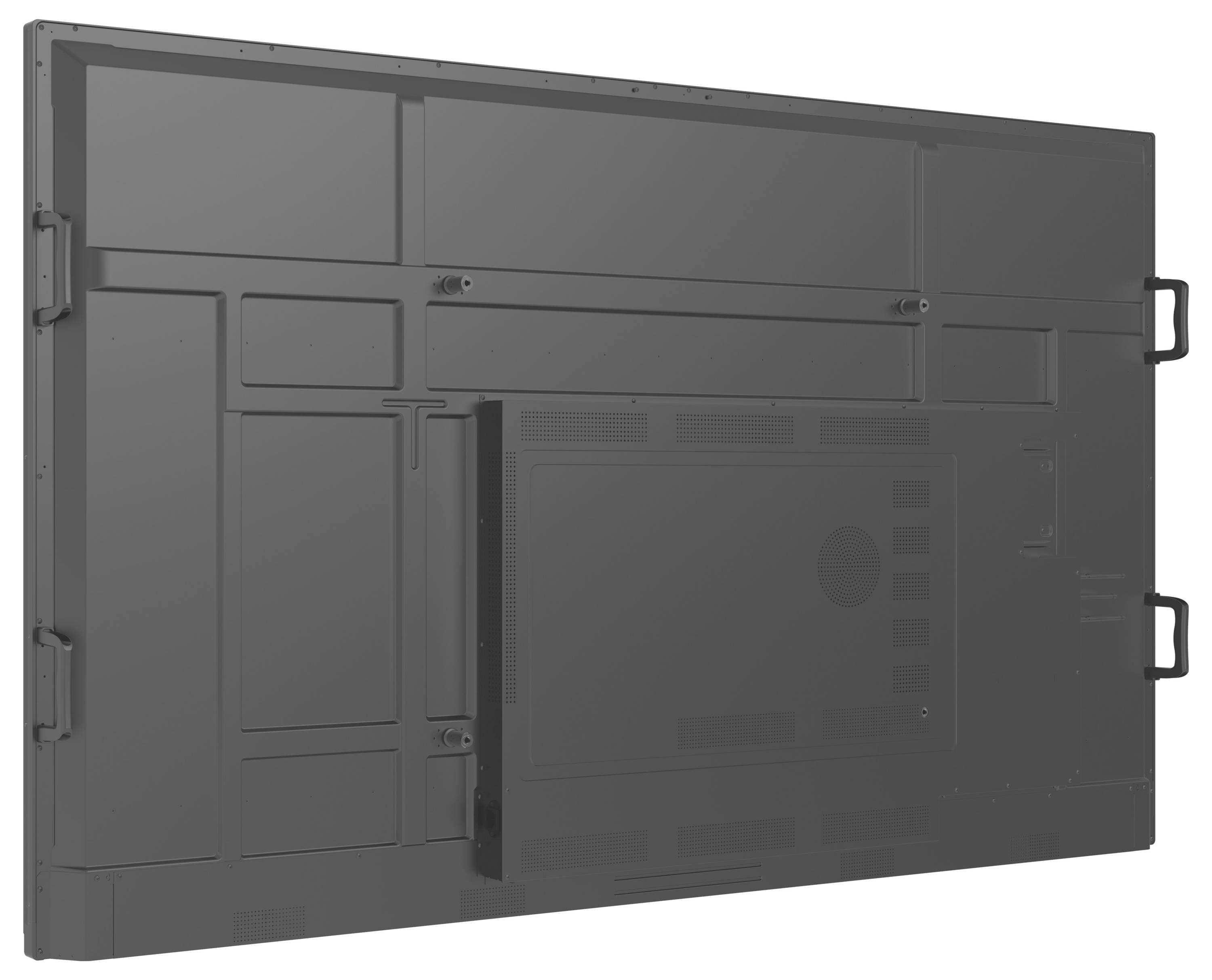 Rückansicht eines großen, flachen Fernsehgeräts oder Monitors mit Lüftungsöffnungen und Befestigungsbügeln auf einem Metallgehäuse, ohne sichtbare Markenbezeichnung.