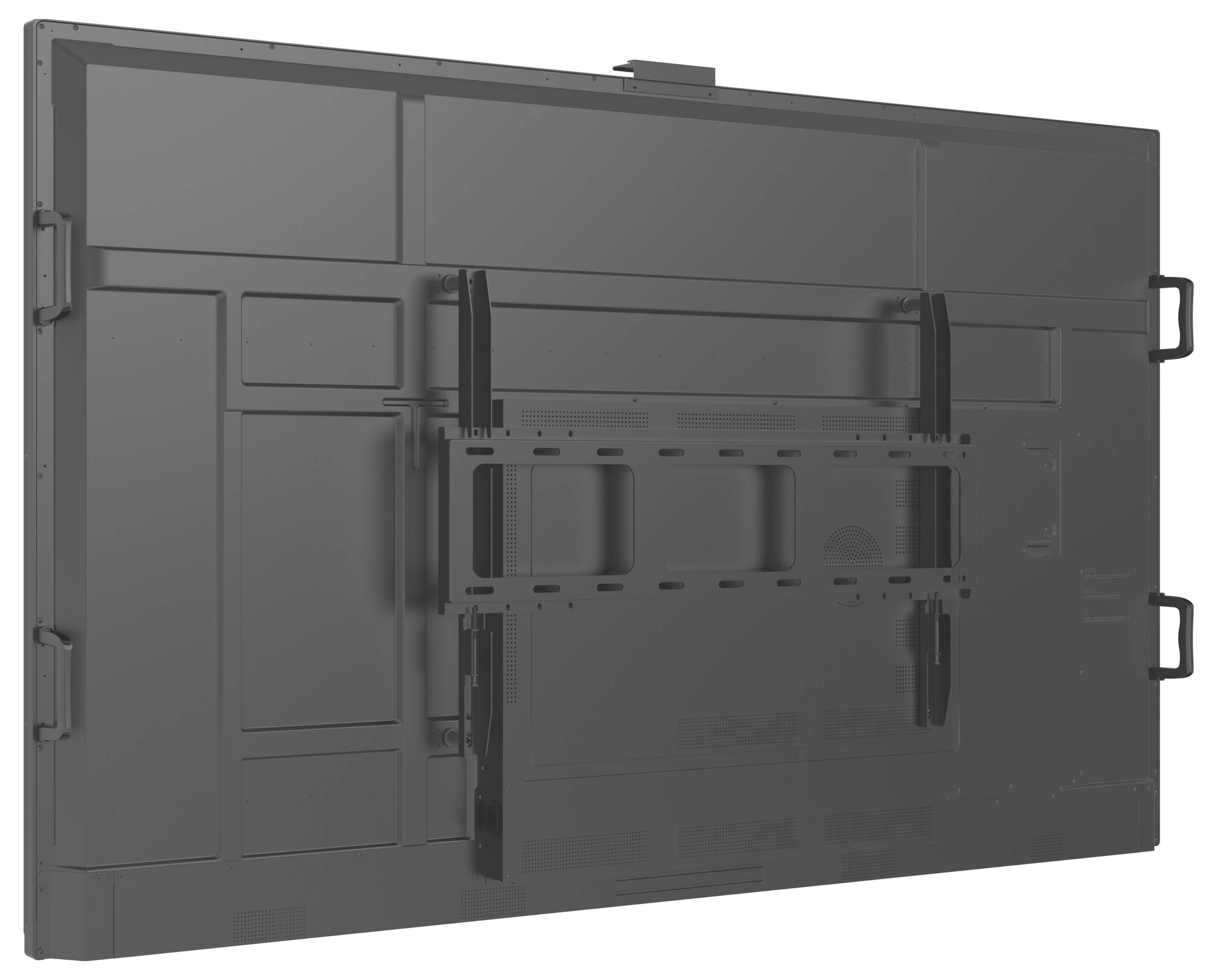 Rückansicht eines großen elektronischen Anzeigefeldes mit Befestigungshalterung. Griffe an den Seiten zur Unterstützung. Belüftungsschlitze sichtbar.