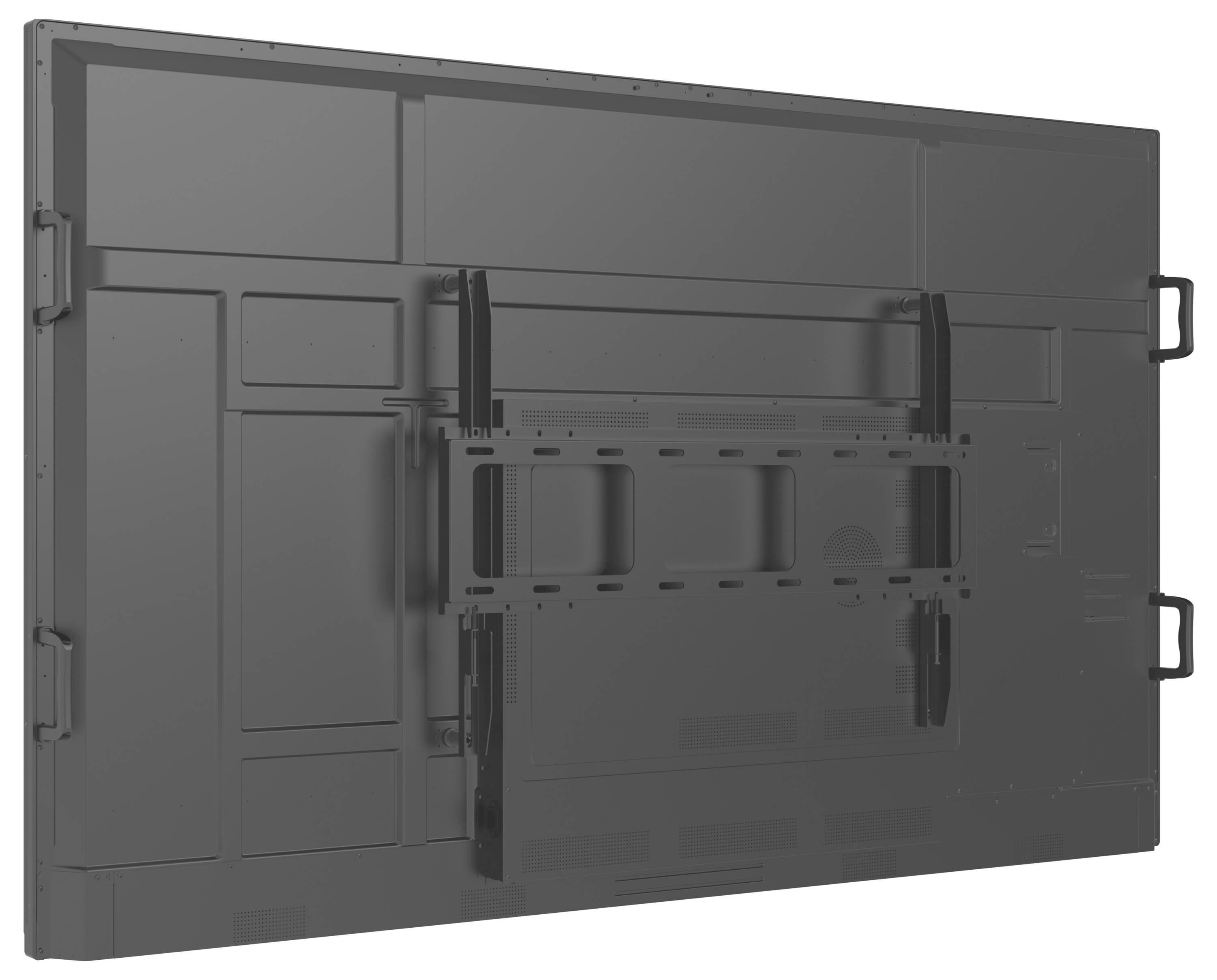 Rückansicht eines großen rechteckigen elektronischen Anzeigebildschirms mit Montageklammern und Griffen, was darauf hindeutet, dass er installationsbereit ist.