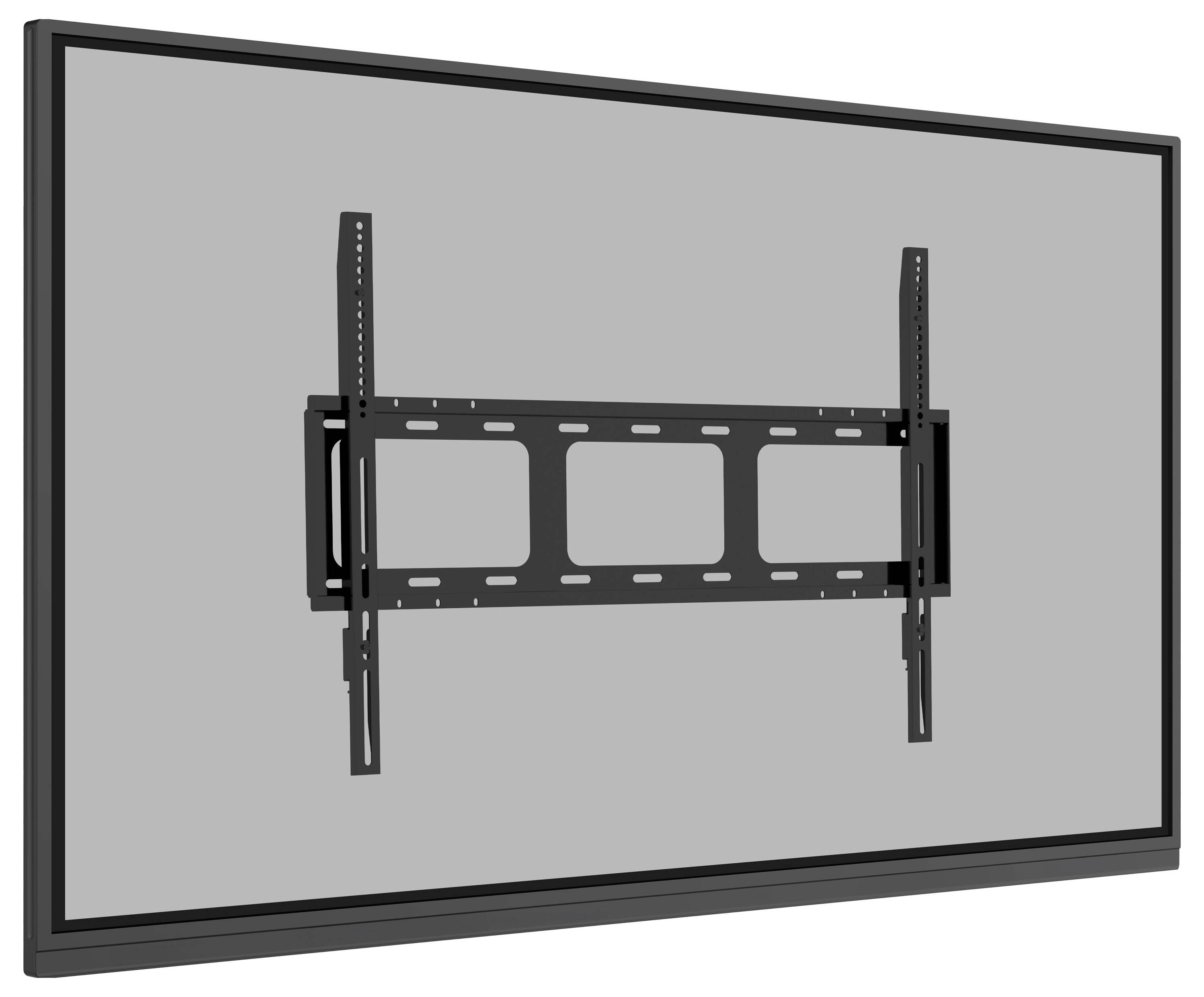 Eine TV-Wandhalterung ist zentral auf einem großen rechteckigen Bildschirm befestigt, der an einer Wand montiert zu sein scheint.