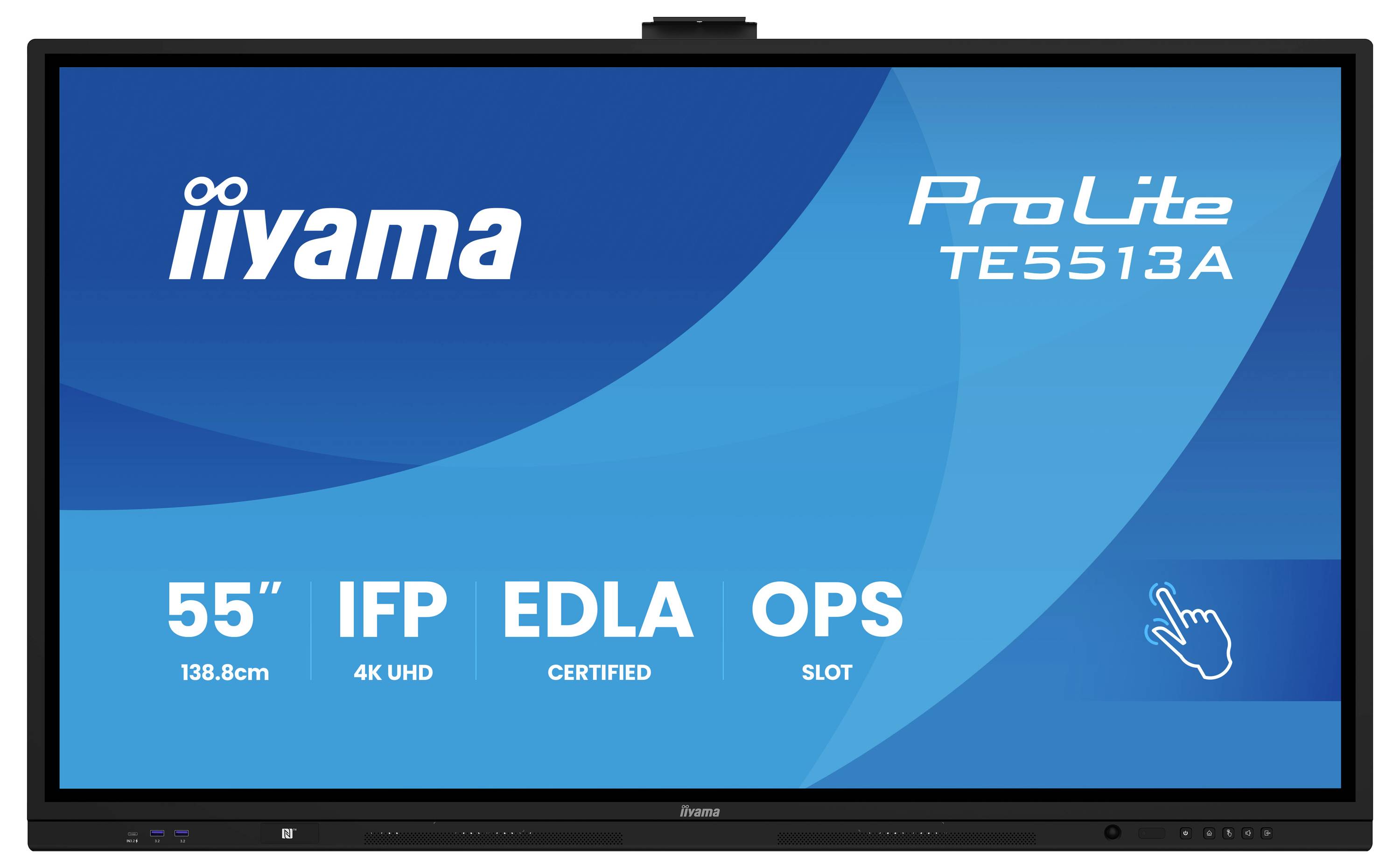Das Bild zeigt einen 55-Zoll Iiyama ProLite TE5513A-Bildschirm mit Funktionen wie 4K UHD, IFP, EDLA-Zertifizierung und OPS-Schacht.