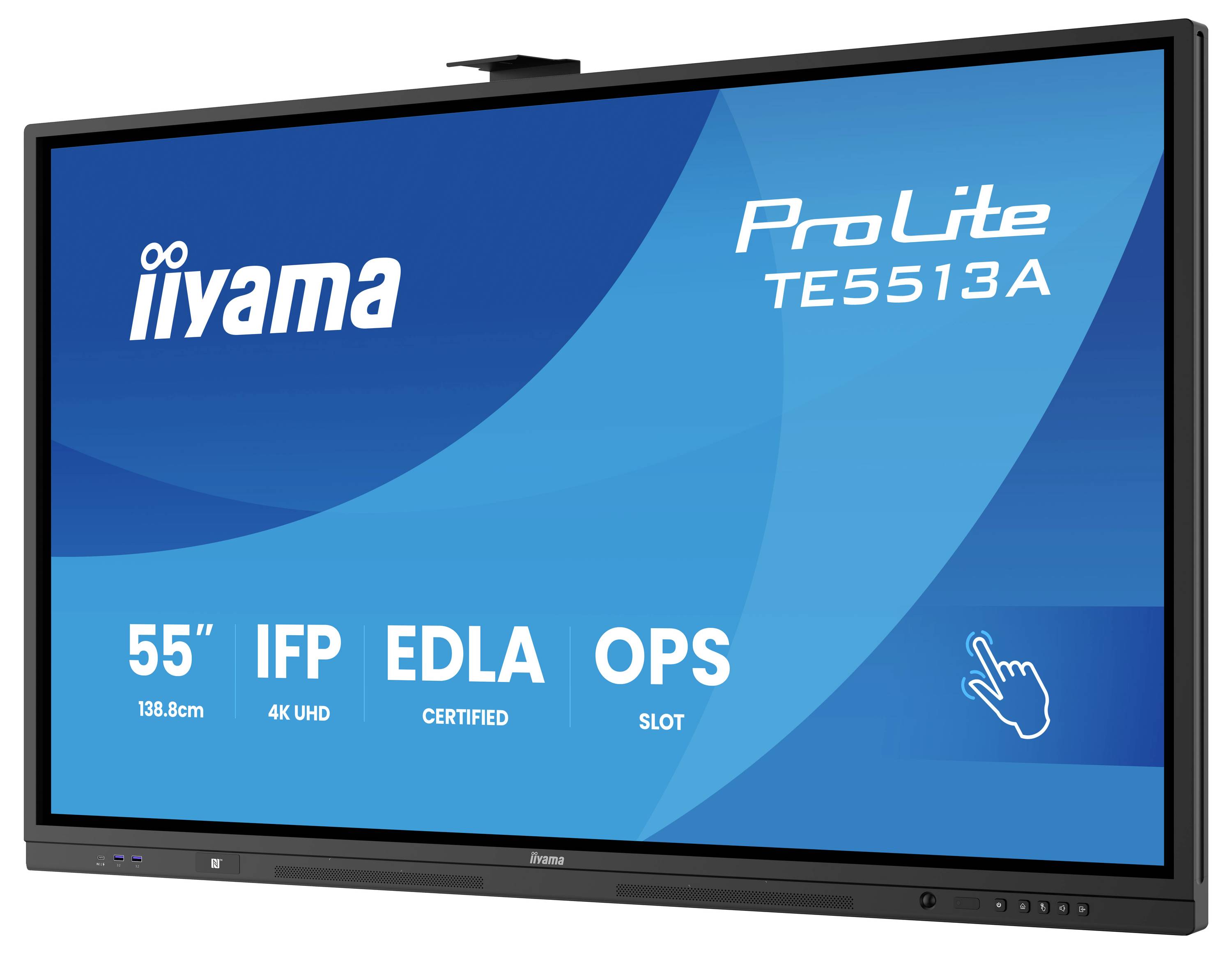 Interaktives Flachbilddisplay von Iiyama mit dem Modell 'ProLite TE5513A', das über einen 55-Zoll-4K-UHD-Bildschirm mit Touchfunktion verfügt.