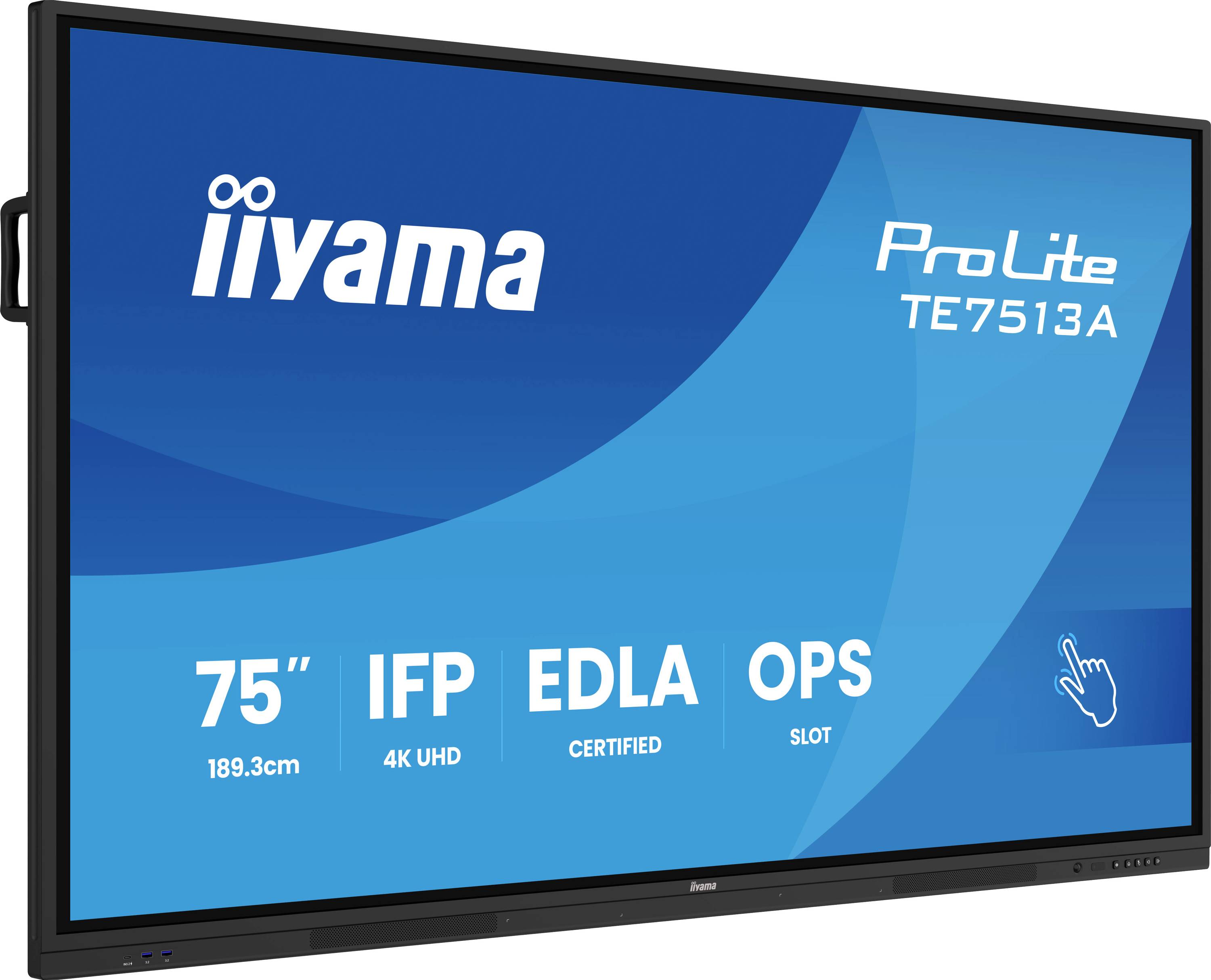 Ein großes iiyama ProLite TE7513A 75-Zoll-Interaktiv-Display zeigt Branding und Funktionen wie 4K UHD, EDLA-zertifiziert und OPS-Steckplatz.