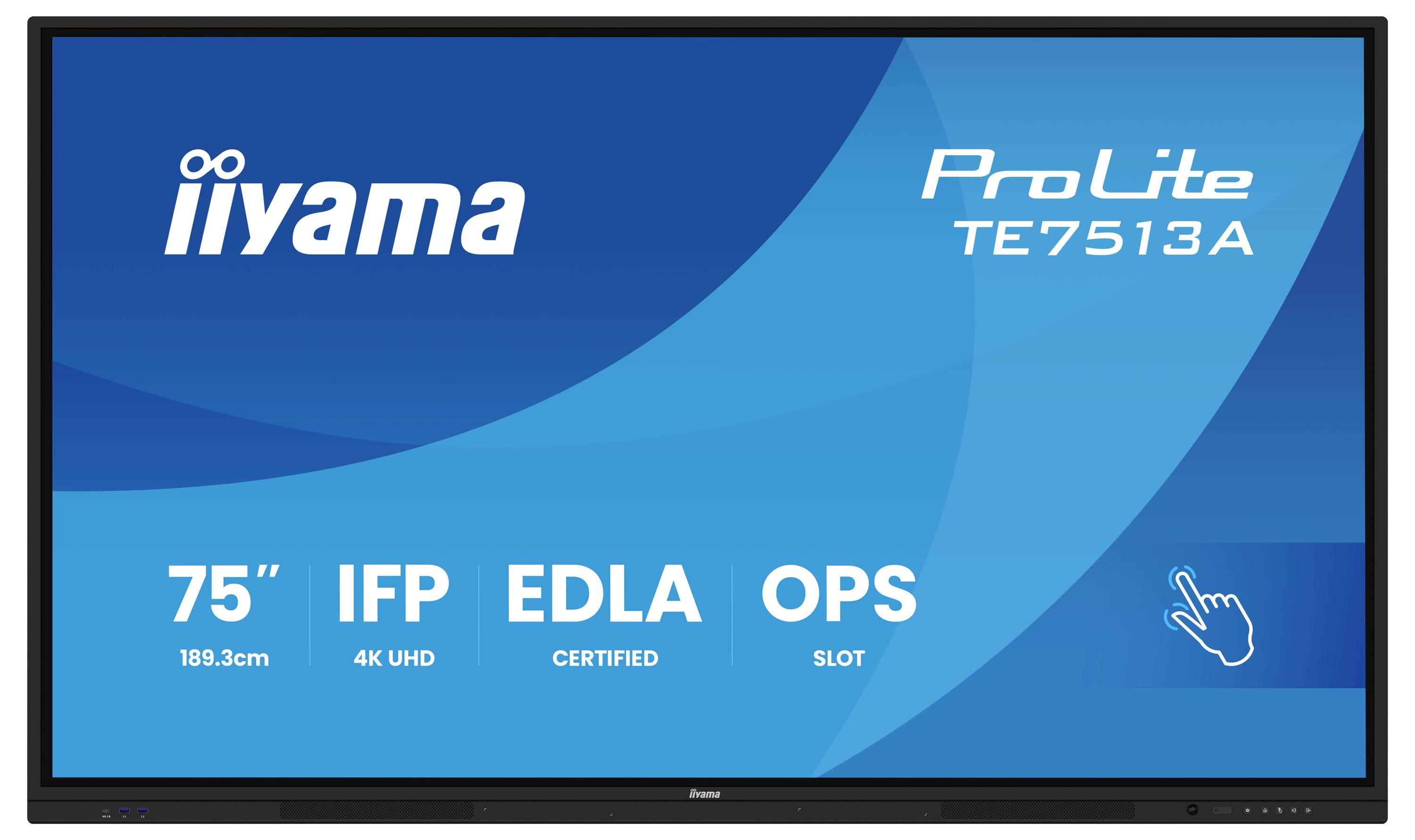 75" Iiyama ProLite TE7513A Display mit IFP, EDLA, 4K UHD Auflösung und OPS-Steckplatz. Touch-Symbol mit Indikation für Interaktivität.