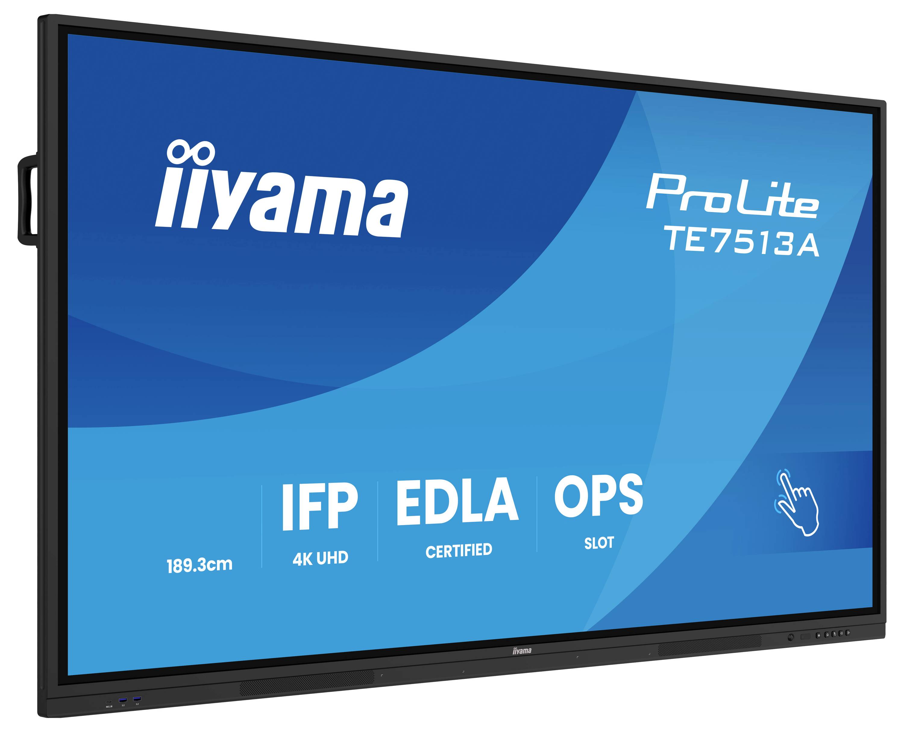 „iiyama ProLite TE7513A" interaktives Display mit „189,3 cm", „4K UHD", „EDLA-zertifiziert", „OPS-Slot".