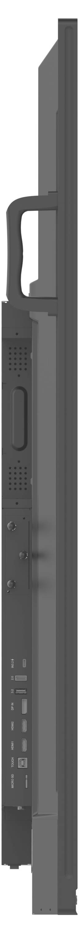 Seitenansicht eines Flachbildschirms mit verstellbarem Ständer und Anschlussfeld mit Verbindungseingängen.