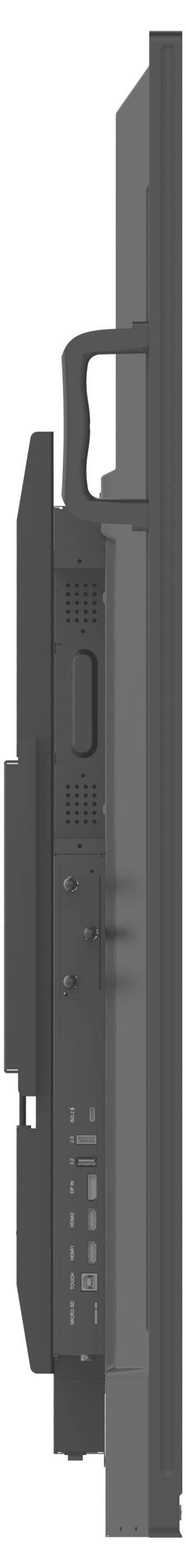 Seitenprofil eines dünnen Fernsehbildschirms mit sichtbaren Griffen und Bedienfeld.