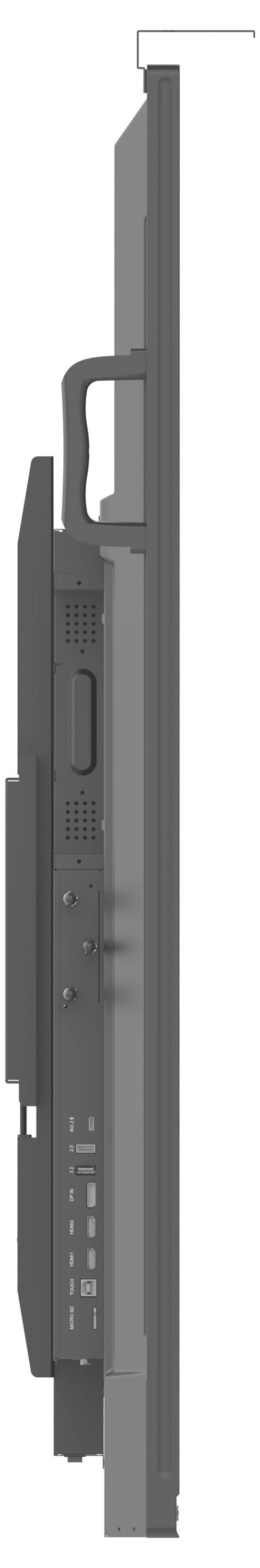 Seitenansicht eines Flachbildfernsehers mit schlankem Profil und mehreren Anschlüssen auf der Rückseite.