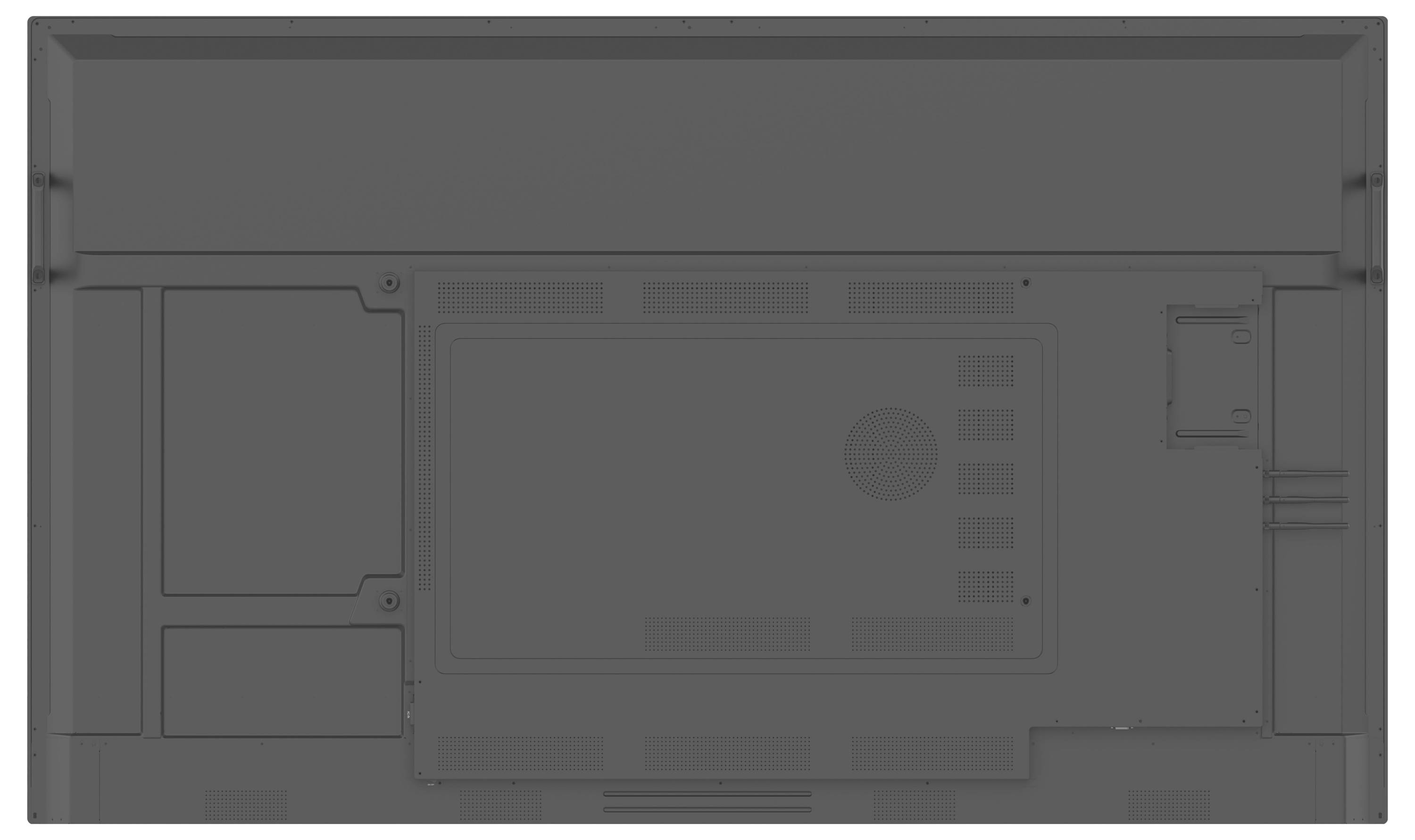 Rückansicht eines Flachbildfernsehers mit Anschlüssen, Lüftungsöffnungen und Befestigungsklemmen.