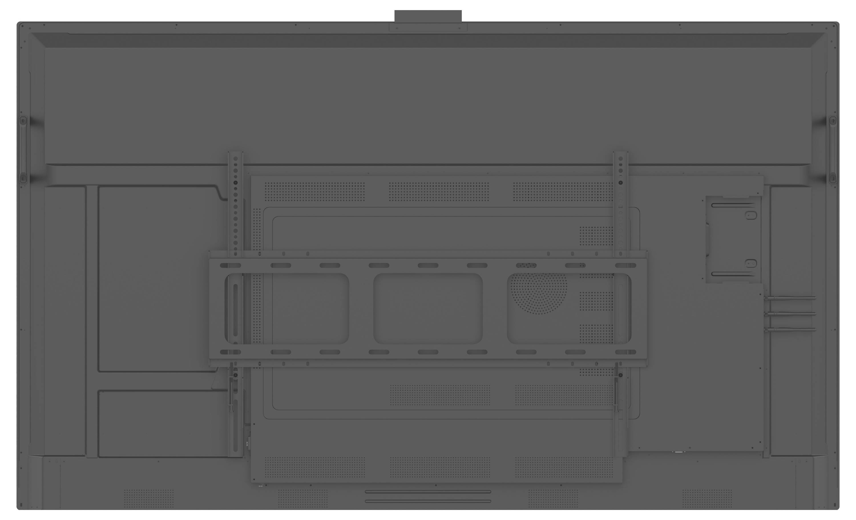 Das Bild zeigt die Rückseite eines Flachbildschirms mit einer in der Mitte angebrachten Montageklammer. Das Bedienfeld umfasst Lüftungsöffnungen und Anschlüsse.