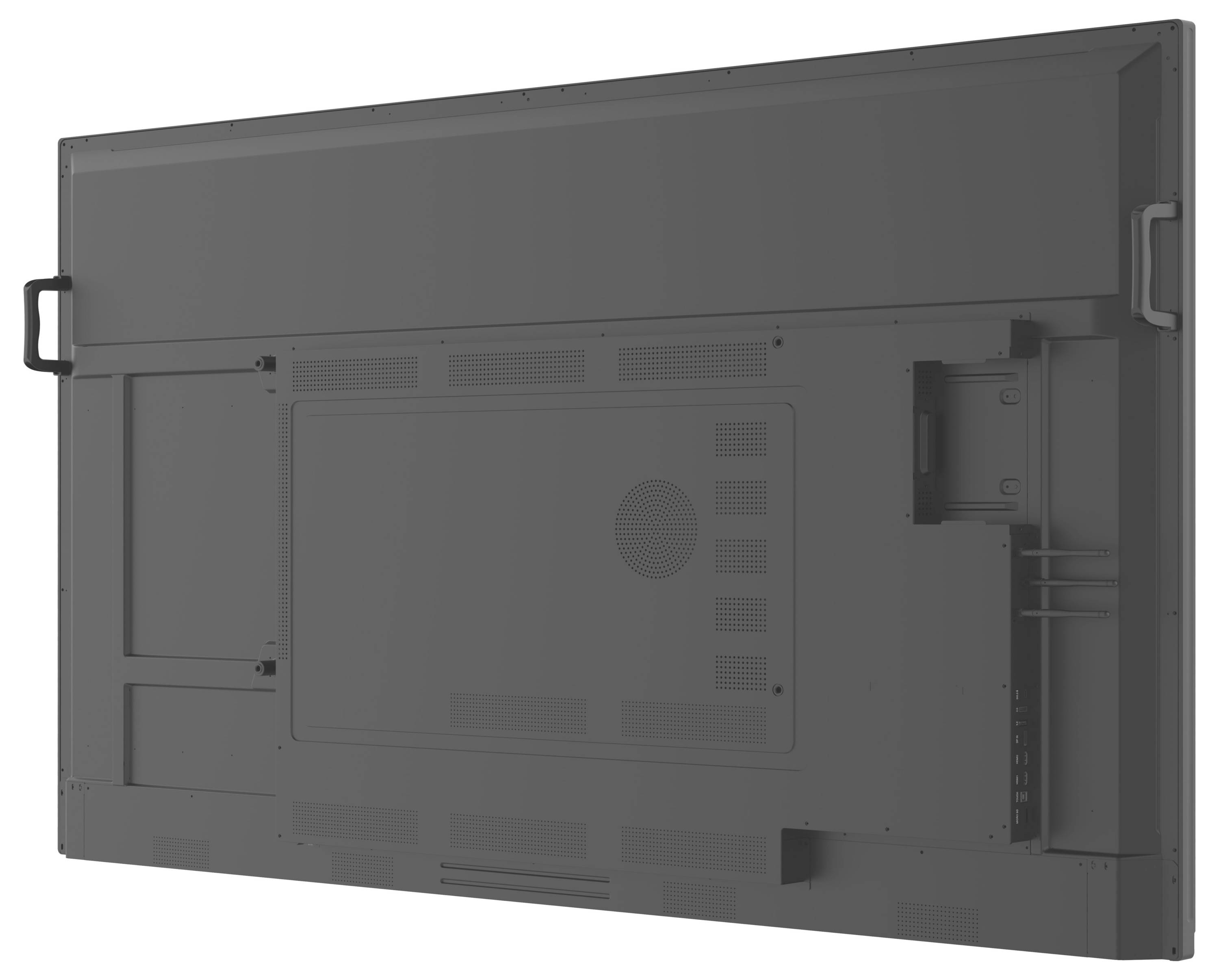 Rückansicht eines großen Flachbildschirm-Monitors mit verschiedenen Anschlüssen, Lüftungsbereichen und robusten Griffen auf jeder Seite zum einfachen Handling.