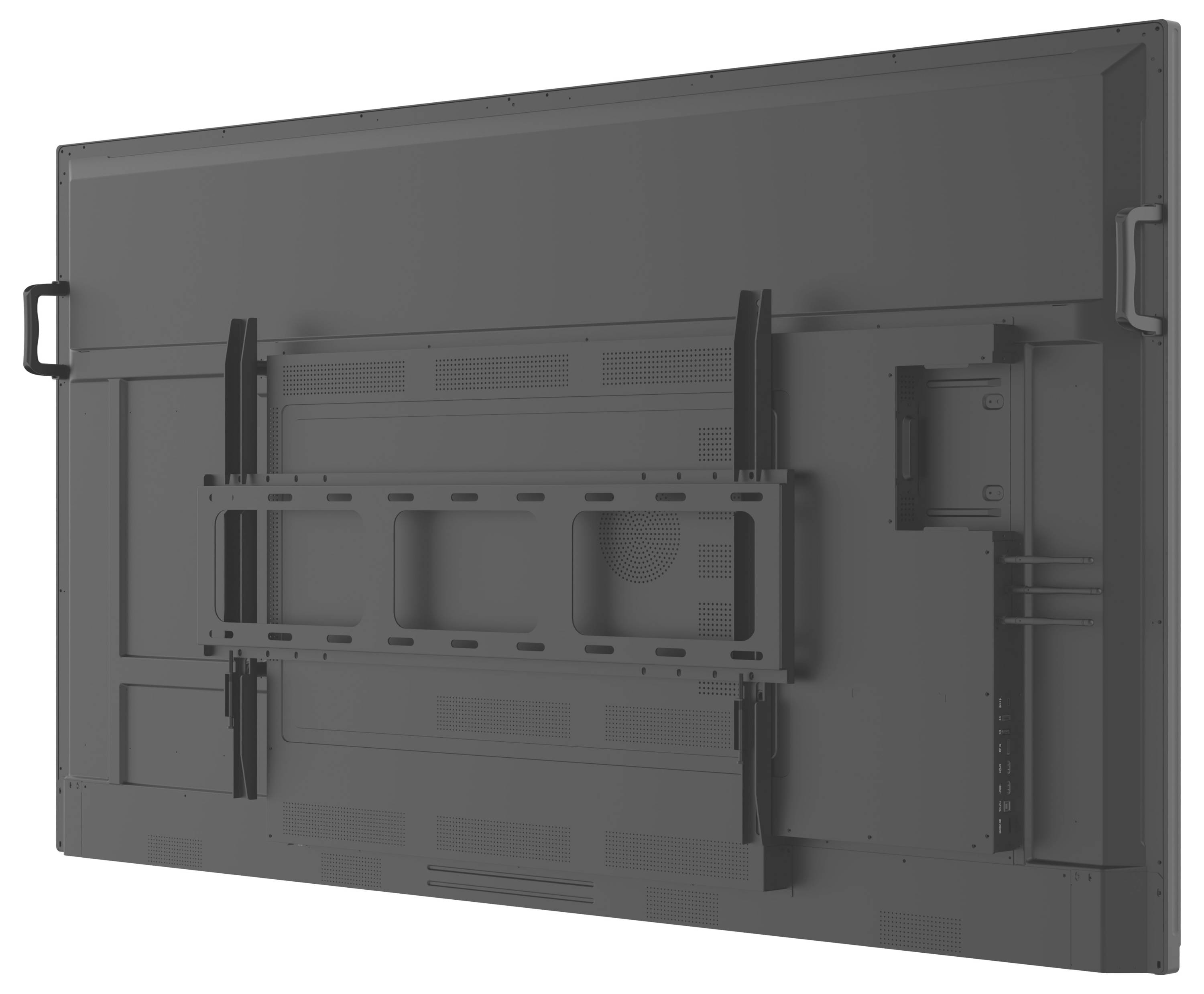 Ein großer, an der Wand montierter Flachbildfernseher von hinten gesehen, mit sichtbaren Montageklammern und Belüftungspanelen.