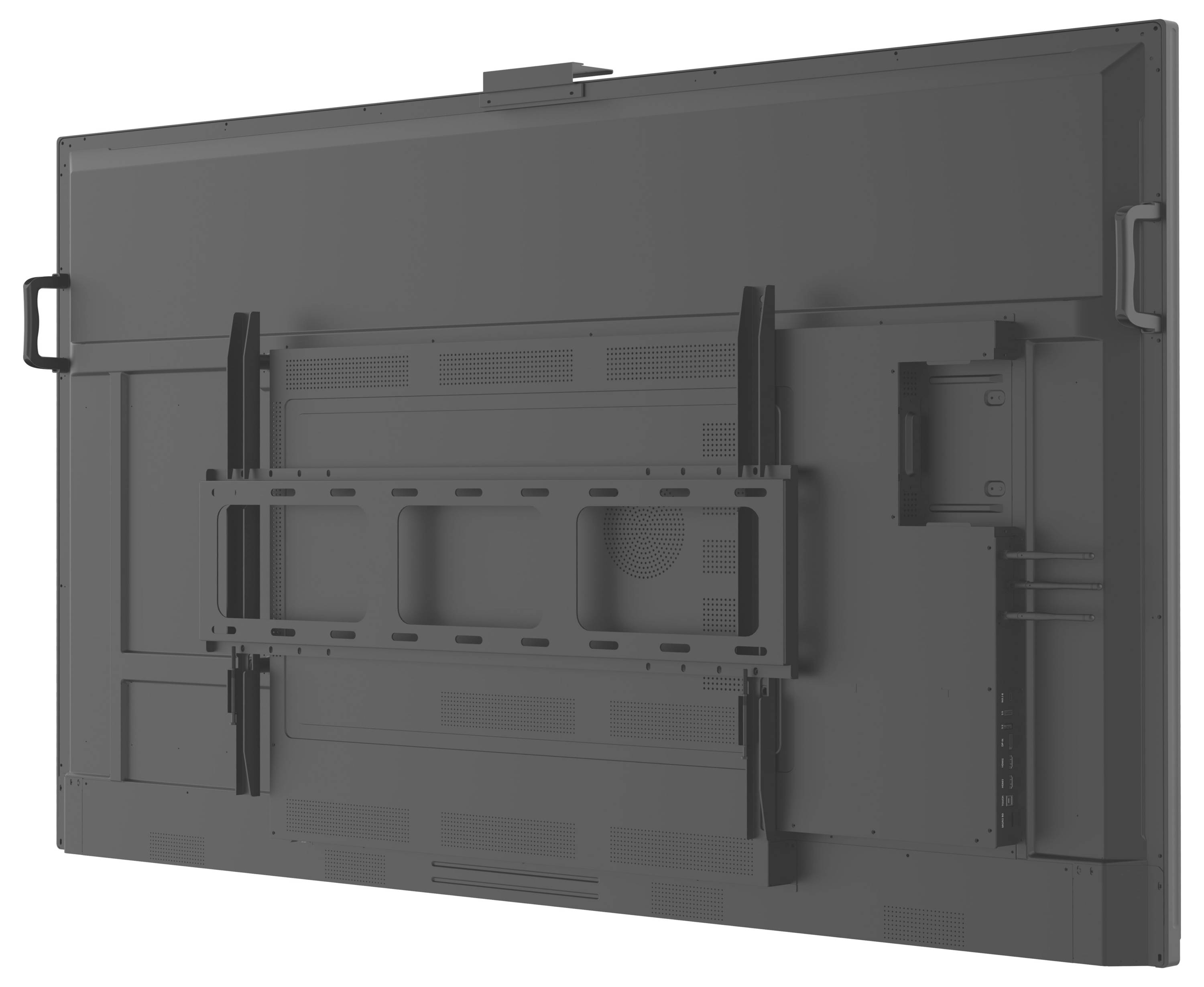 Rückansicht eines großen Flachbildfernsehers, der mit Halterungen montiert ist und Belüftungsgitter sowie Tragegriffe für Portabilität zeigt.