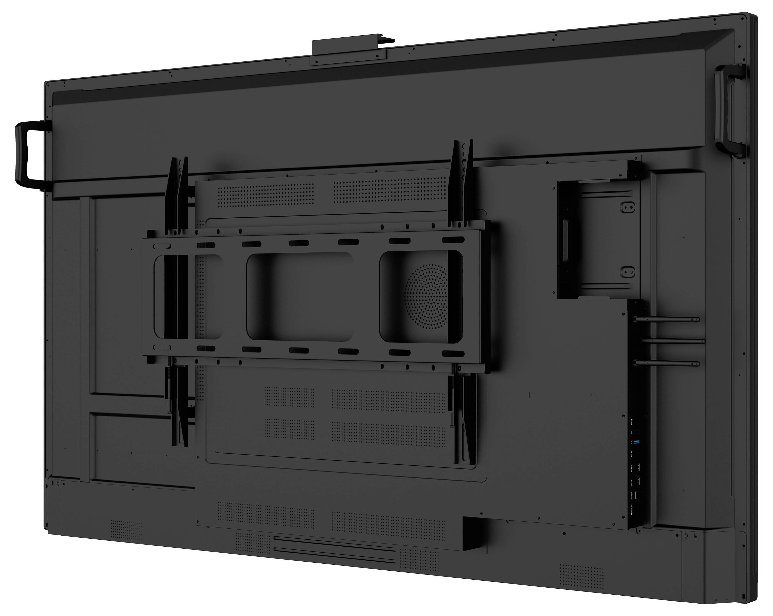 Das Bild zeigt die Rückansicht eines großen schwarzen Monitors oder Fernsehers mit den Befestigungspunkten, Anschlüssen und Lüftungsgittern.