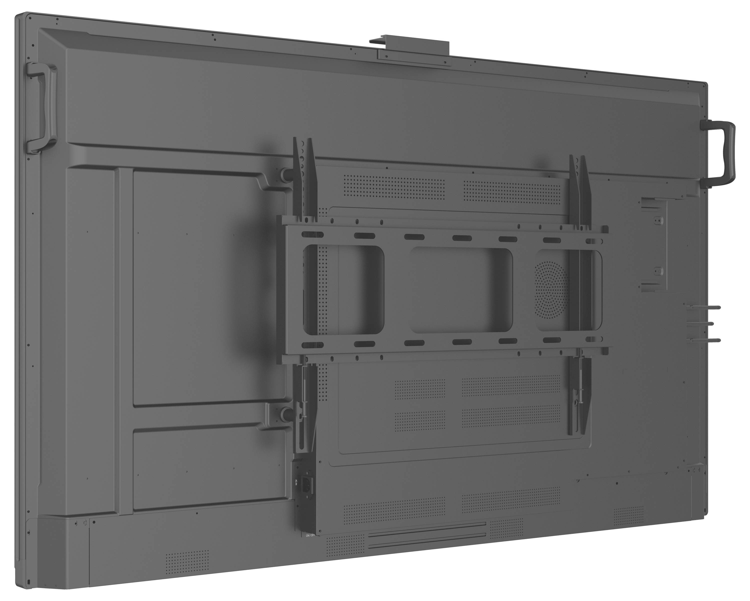 Ein weißer Computermonitor von hinten betrachtet, mit einem zentralen Ständer und dem Markennamen „iiyama