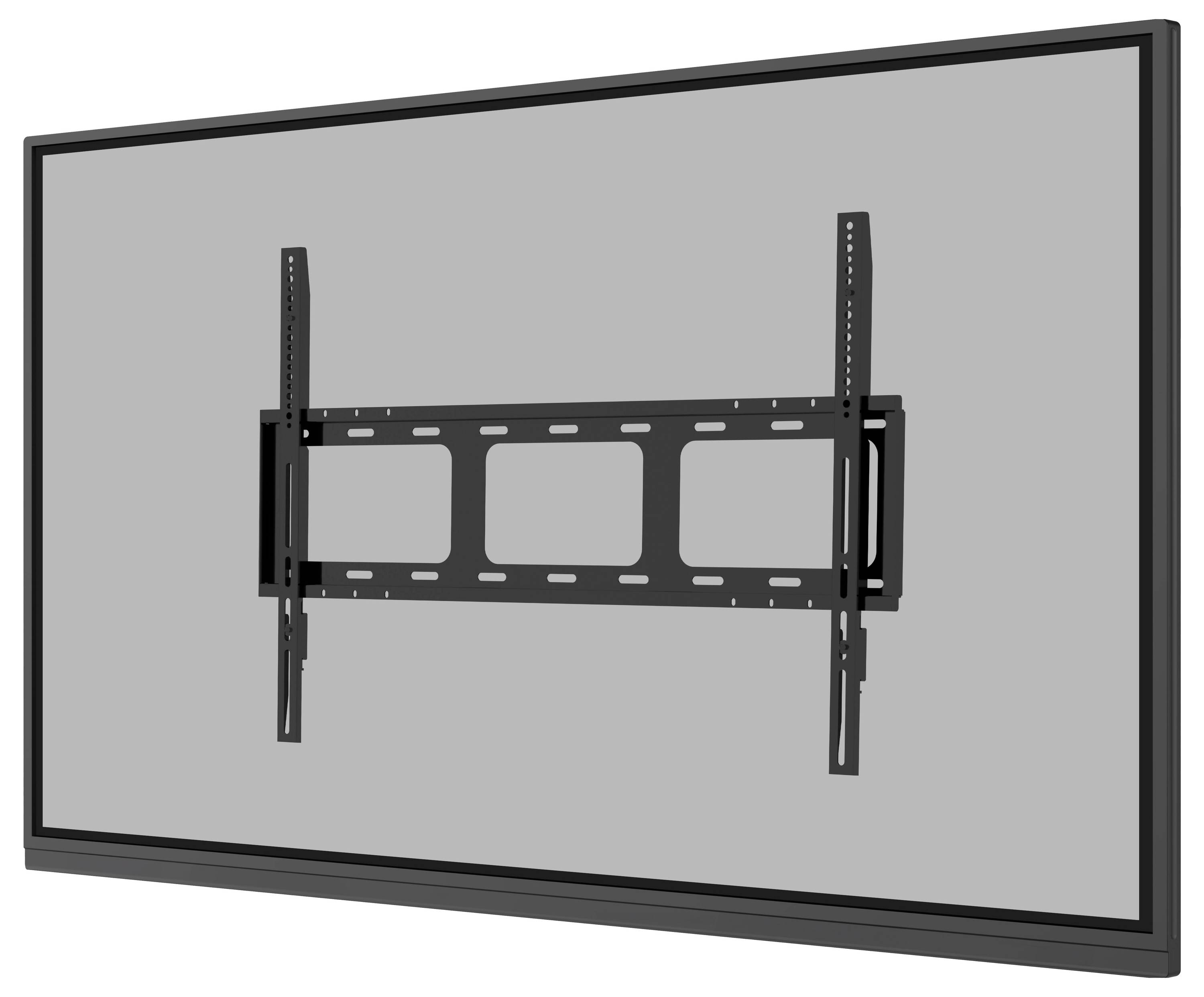 Eine schwarze an der Wand montierte TV-Halterung vor einem grauen Hintergrund, die verstellbare Arme und einen rechteckigen Stützrahmen zeigt.