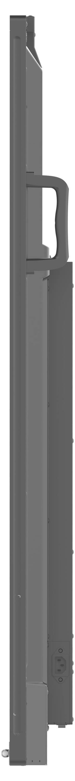 Seitenansicht einer hohen, schmalen, grauen mechanischen oder industriellen Komponente, die einen Griff und strukturelle Details zeigt.