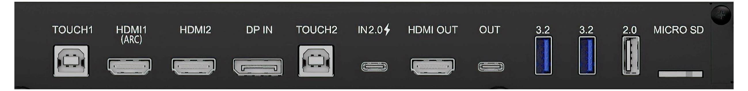 Rückseite eines Geräts mit verschiedenen Anschlüssen: 'TOUCH', 'HDMI (ARC)', 'HDMI2', 'DP IN', 'TOUCH2', 'IN2.0', 'HDMI OUT', 'OUT', dual USB 3.2, USB 2.0, 'MICRO SD'.
