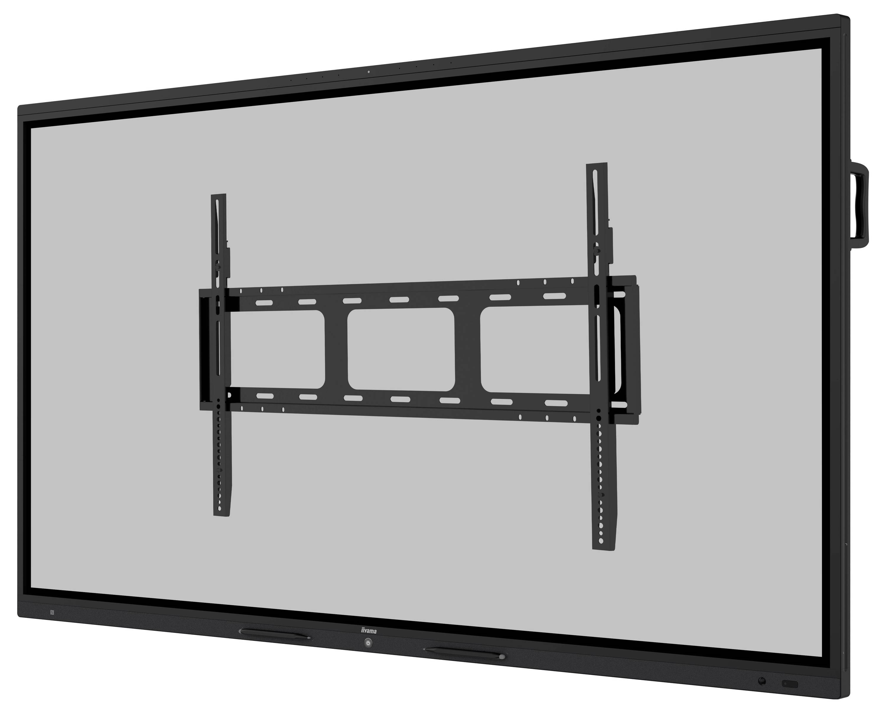 Ein großer schwarzer Flachbildschirm-Monitor auf einer Wandhalterung montiert, entwickelt für sichere Wandinstallation.