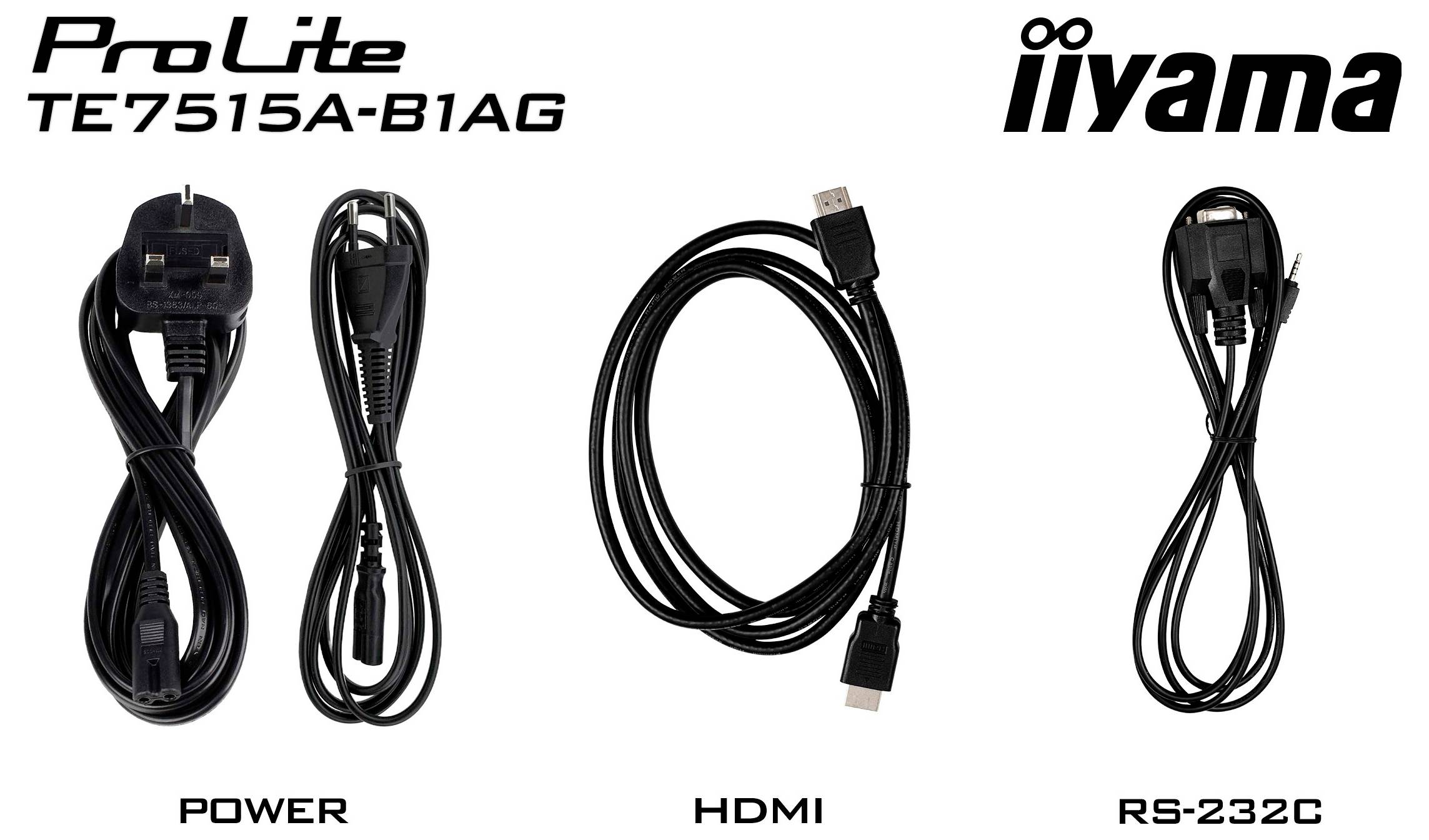 Drei Kabeltypen werden angezeigt: ein Stromkabel, ein HDMI-Kabel und ein RS-232C-Kabel, jeweils mit seiner Bezeichnung unter dem Titel „iiyama Pro Lite TE7515A-B1AG