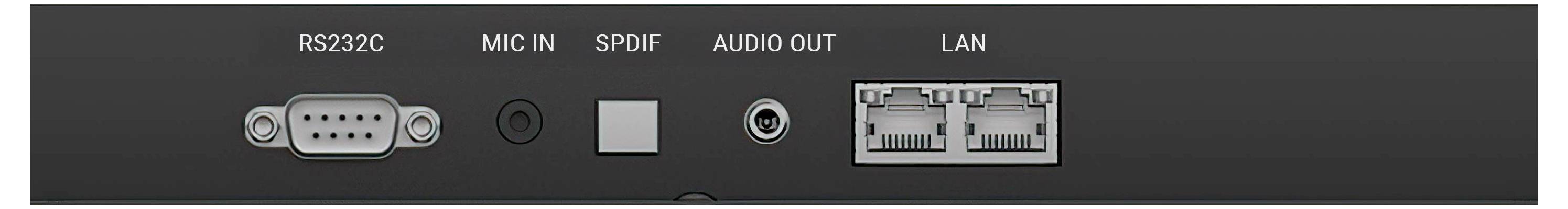 Rückseite eines elektronischen Geräts mit Anschlüssen: RS232C, Mikrofoneingang, SPDIF, Audioausgang und zwei LAN-Anschlüsse, verwendet für Konnektivität.