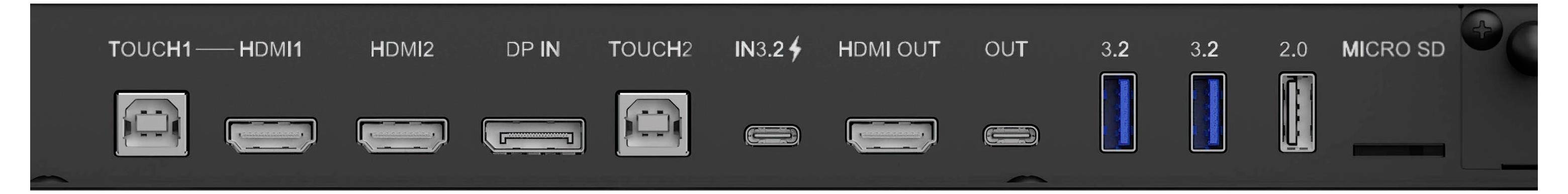 Rückseite eines Geräts mit verschiedenen Anschlüssen: zwei HDMI, DisplayPort-Eingang, zwei USB-A 3.2, USB-C, microSD-Slot und Audio-Ein-/Ausgang.