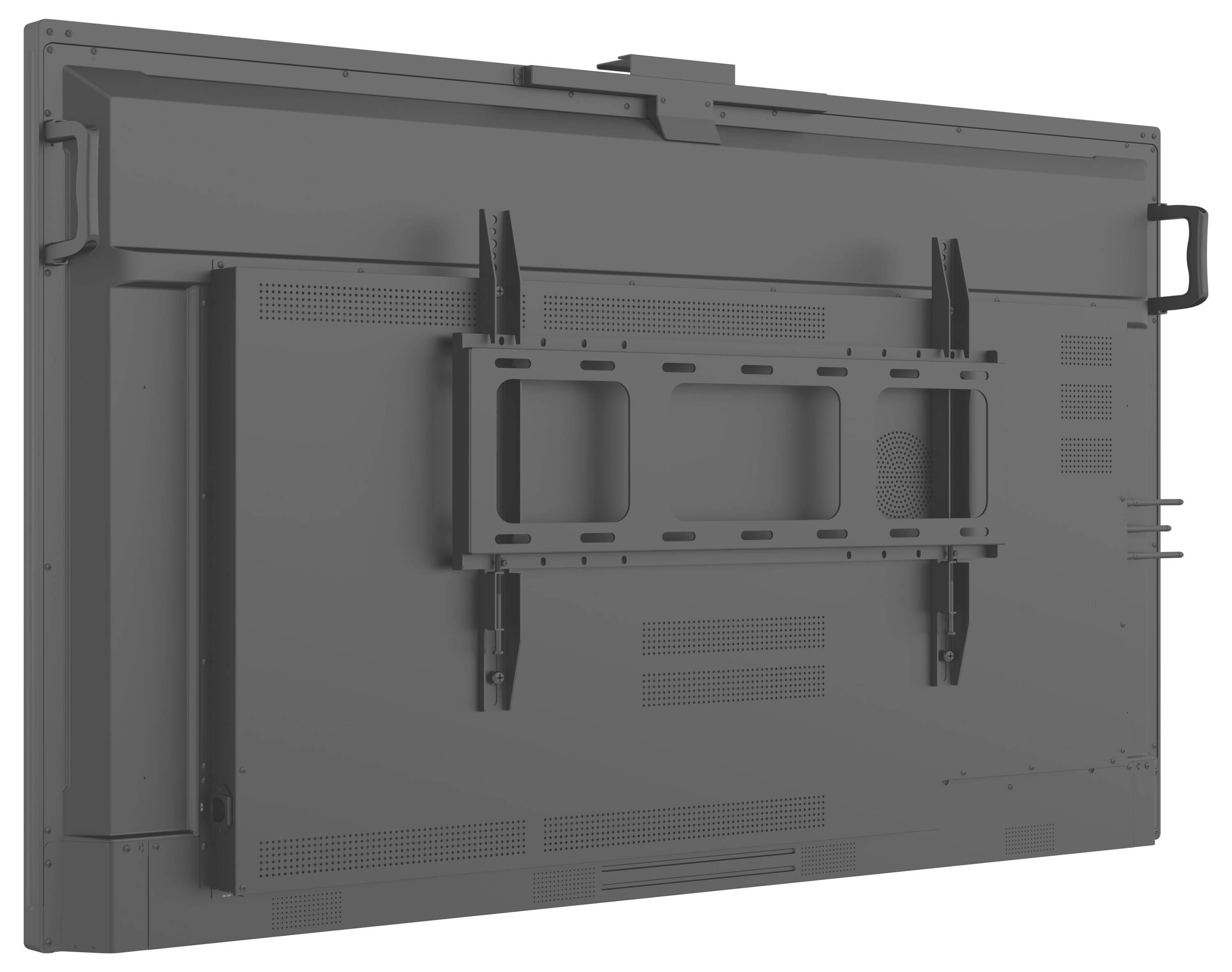 Rückansicht eines großen Flachbildschirms mit Montageklammern und Griffen an den Seiten, geeignet für Wand- oder Standerinstallation.