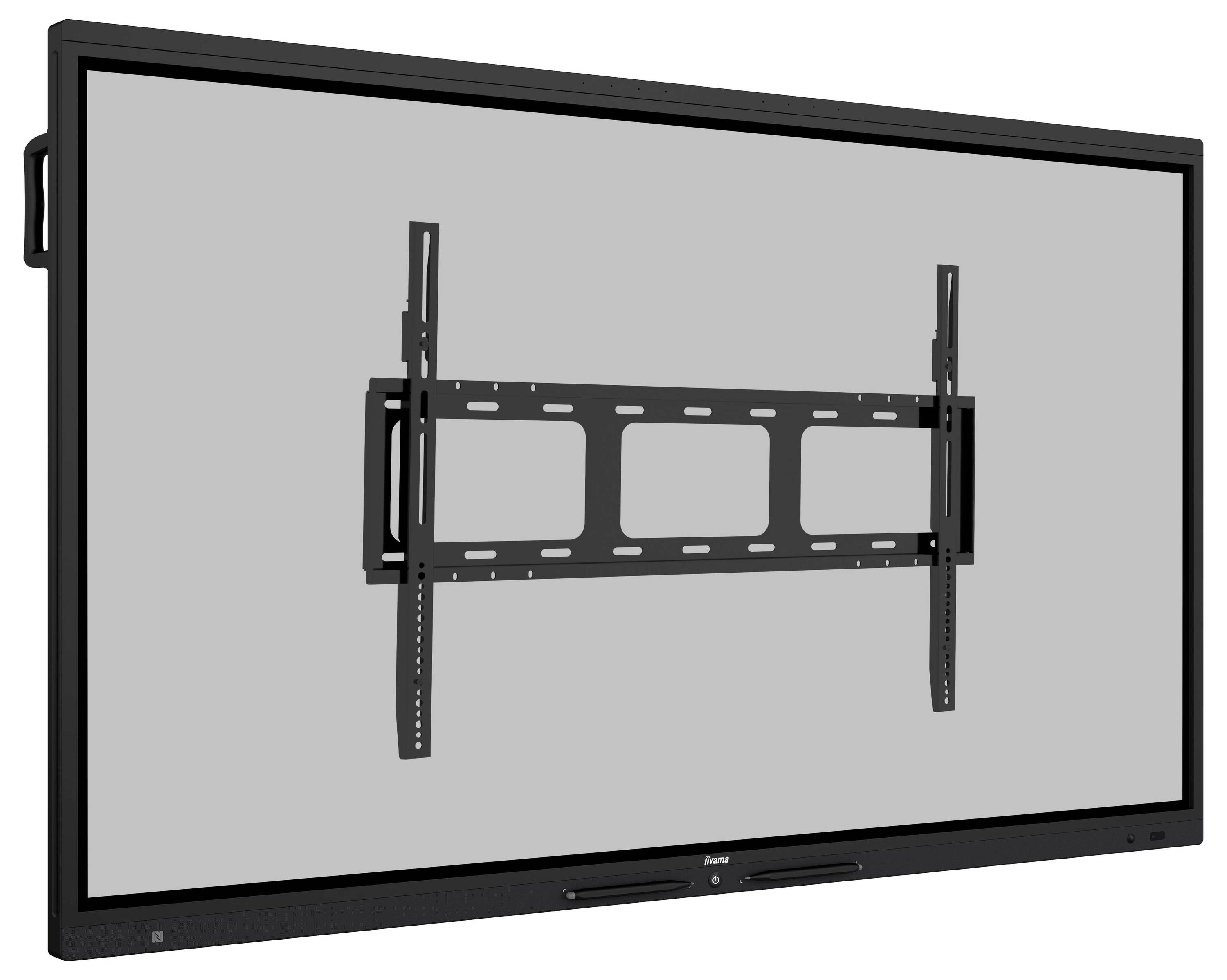 Große schwarze Wandhalterung für einen Flachbild-Fernseher oder Monitor, entwickelt für stabile Unterstützung und einfache Installation.