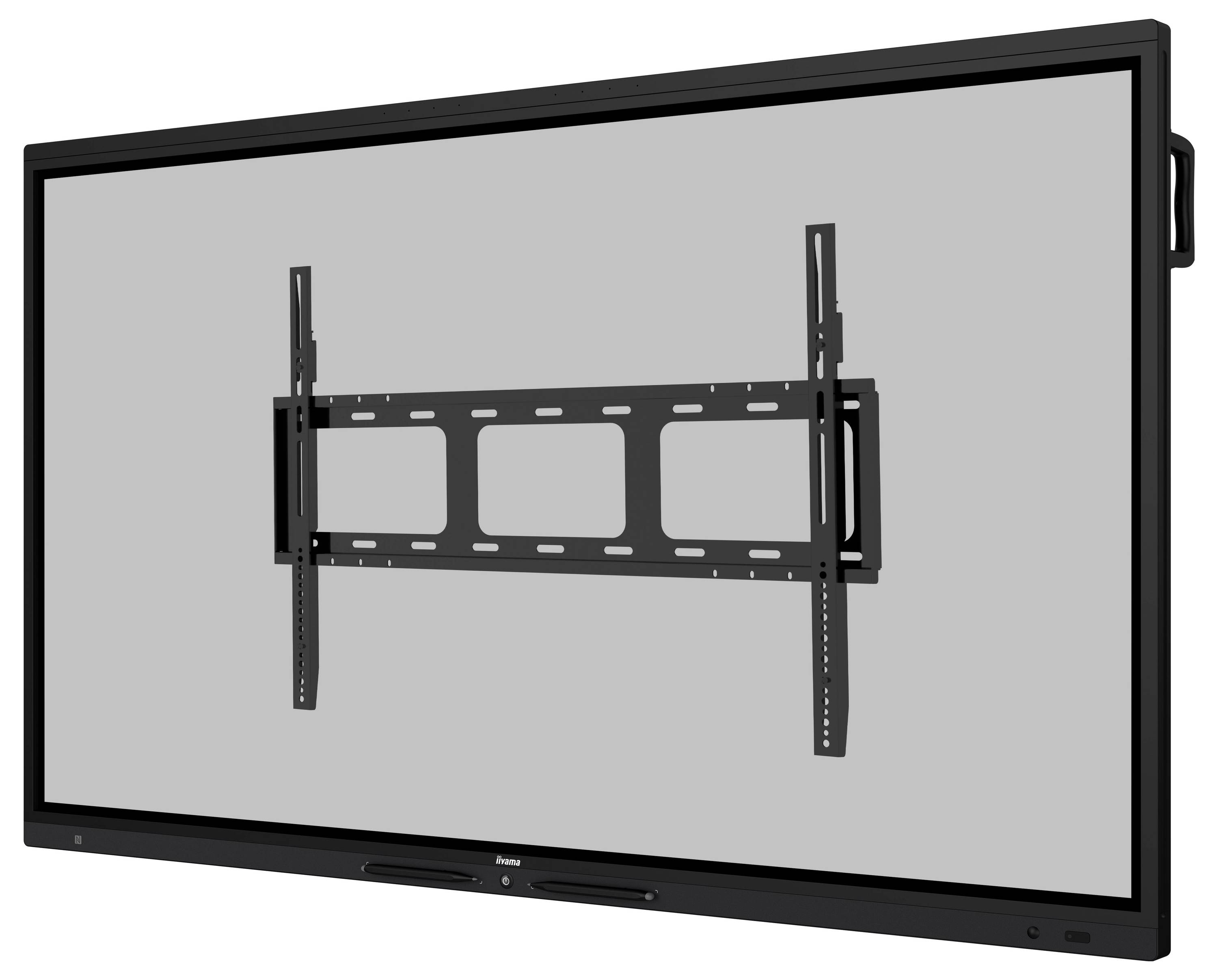 Ein Flachbildschirm-Monitor mit einer an der Wand befestigten Wandhalterung auf einem einfachen Hintergrund, zeigt die Montagebefestigungen und den Rahmen für Installationszwecke.